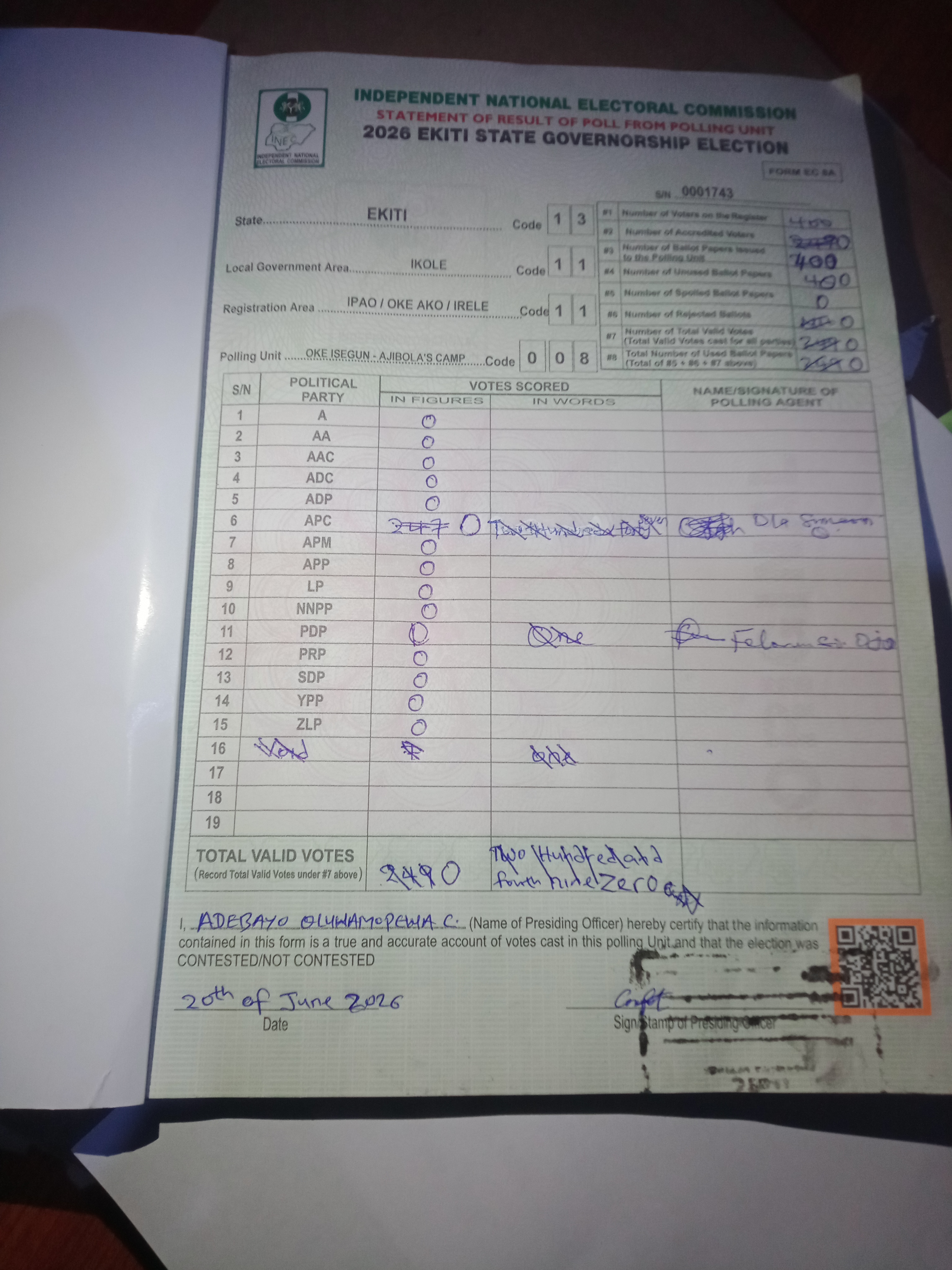 Result sheet for polling unit 13/11/11/008, Oke Isegun - Ajibola's Camp