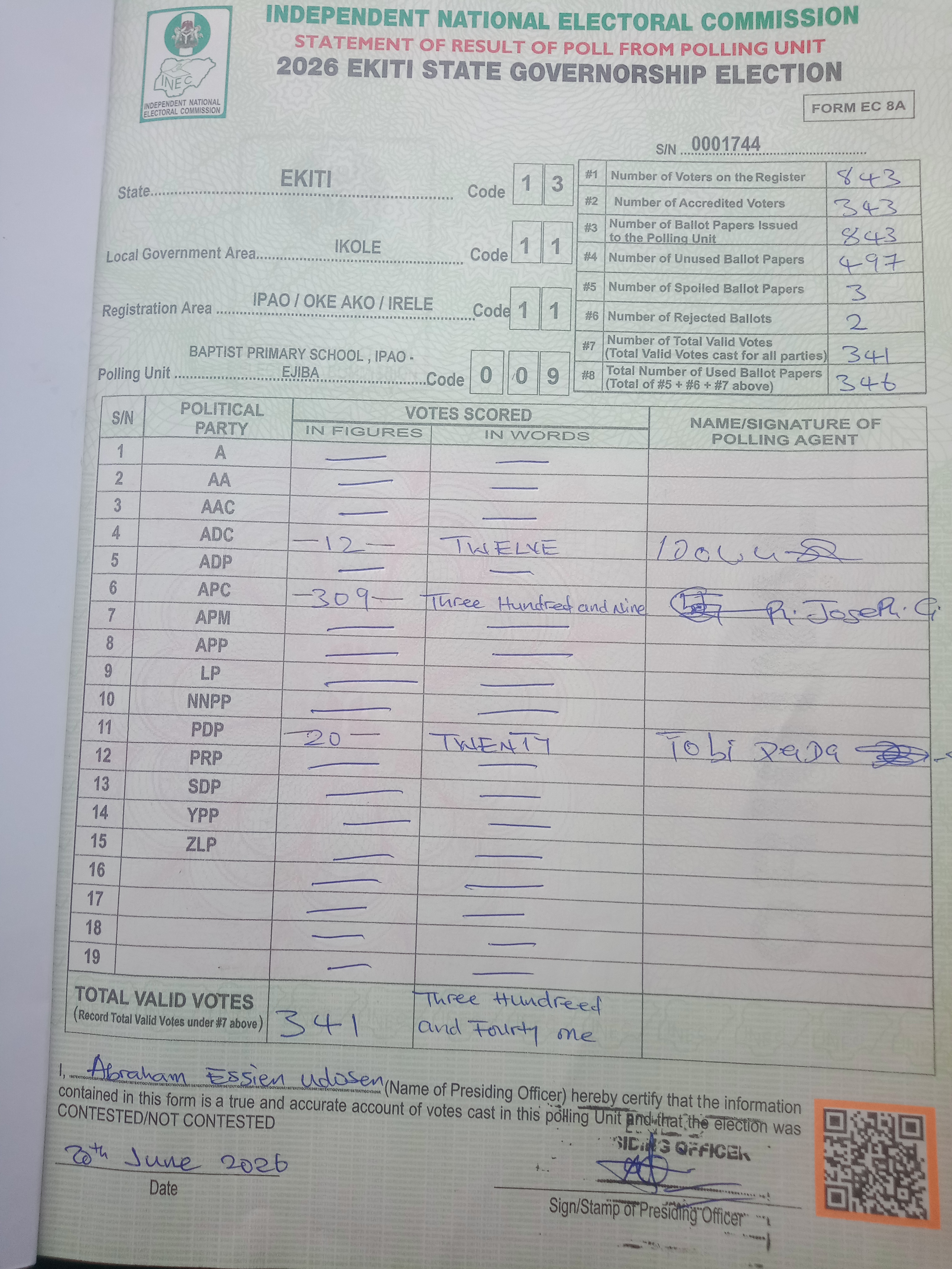 Result sheet for polling unit 13/11/11/009, Baptist Primary School , Ipao - Ejiba