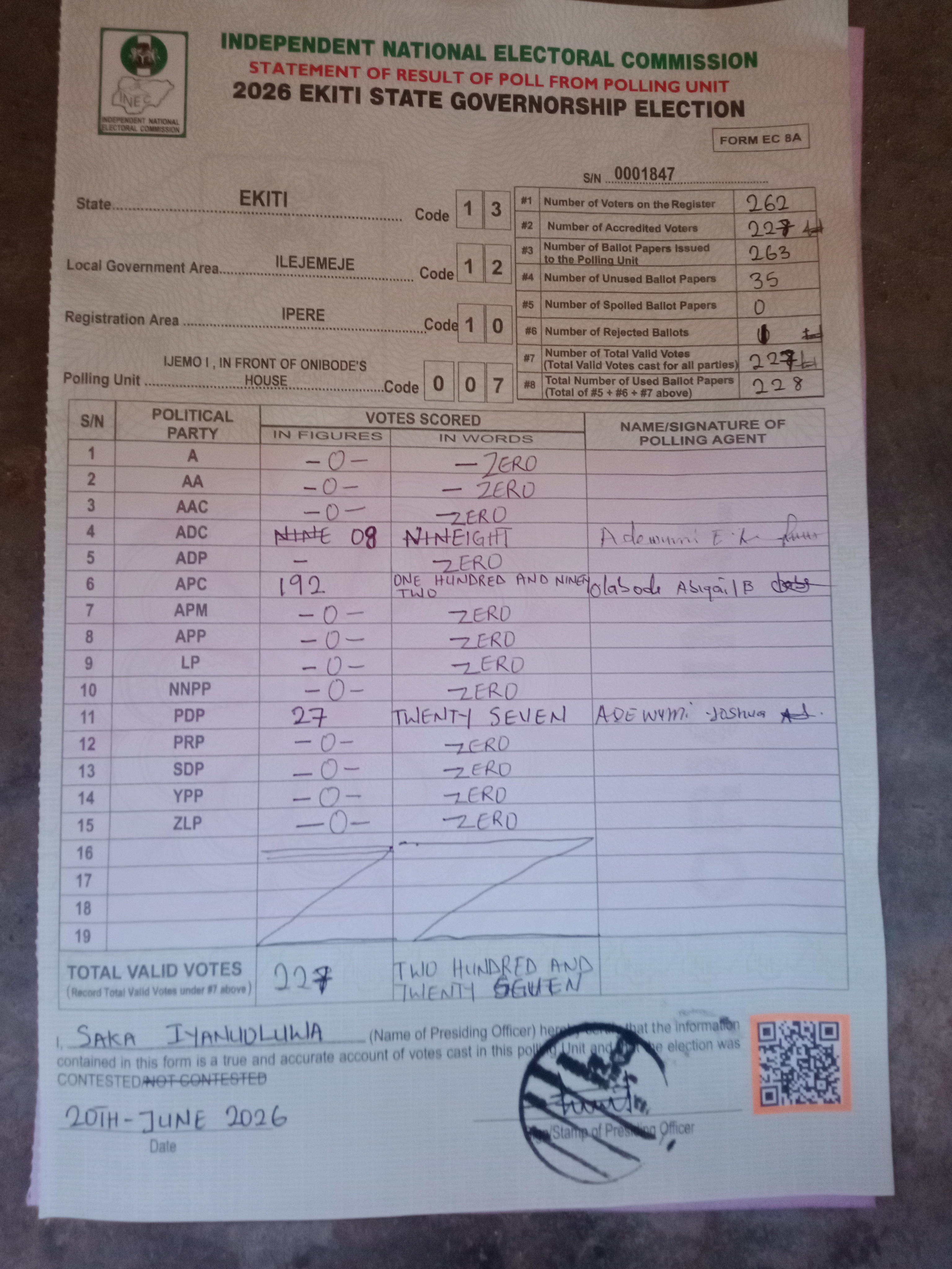 Result sheet for polling unit 13/12/10/007, Ijemo I , In Front Of Onibode's House