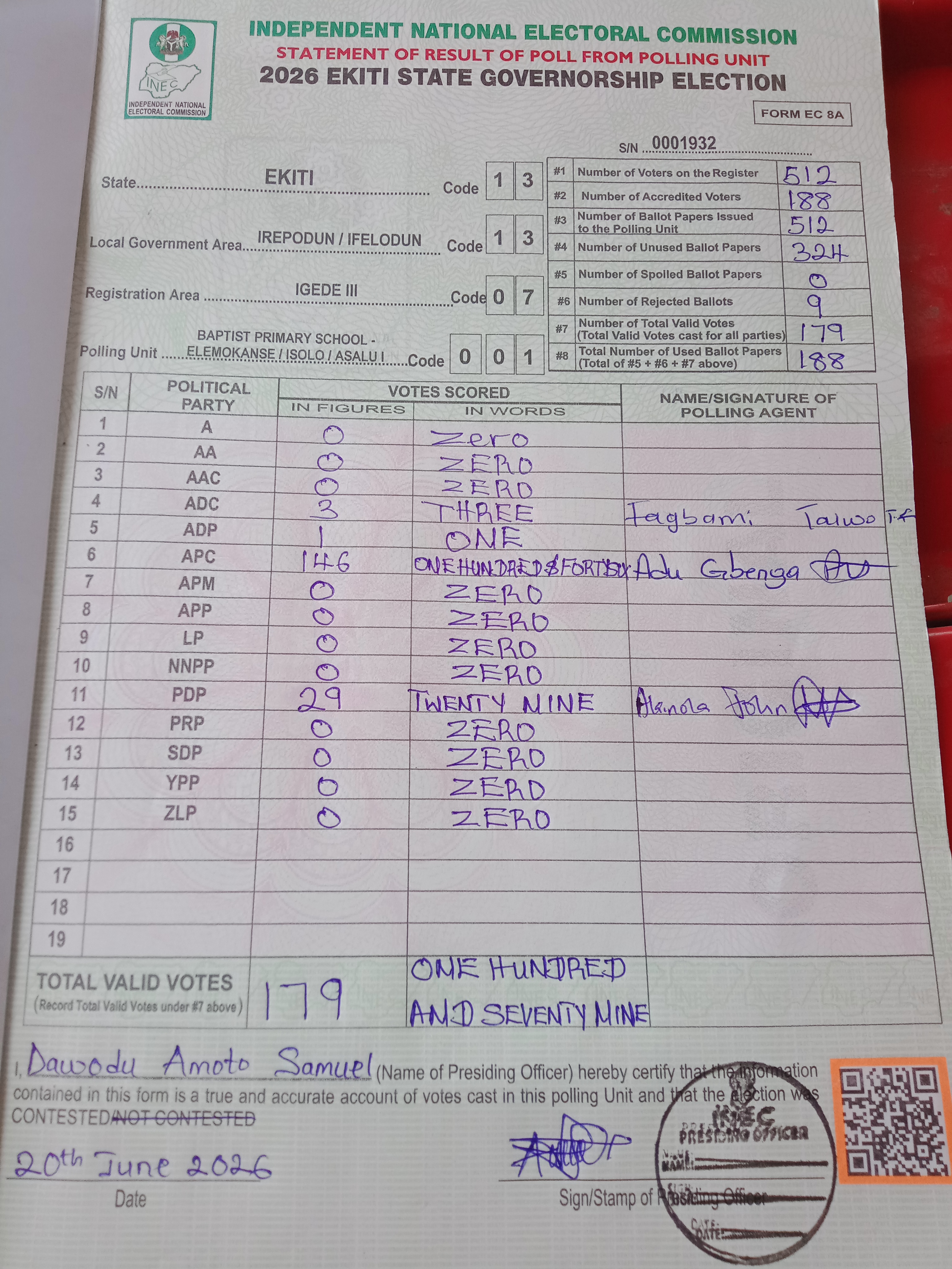 Result sheet for polling unit 13/13/07/001, Baptist Primary School - Elemokanse / Isolo / Asalu I