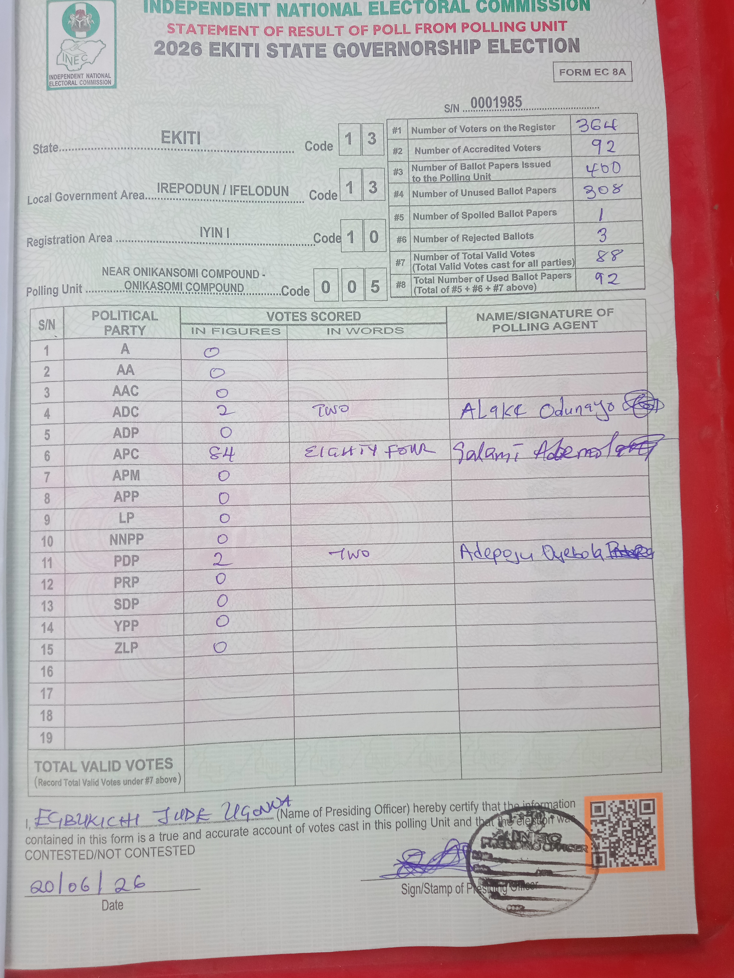 Result sheet for polling unit 13/13/10/005, Near Onikansomi Compound - Onikasomi Compound