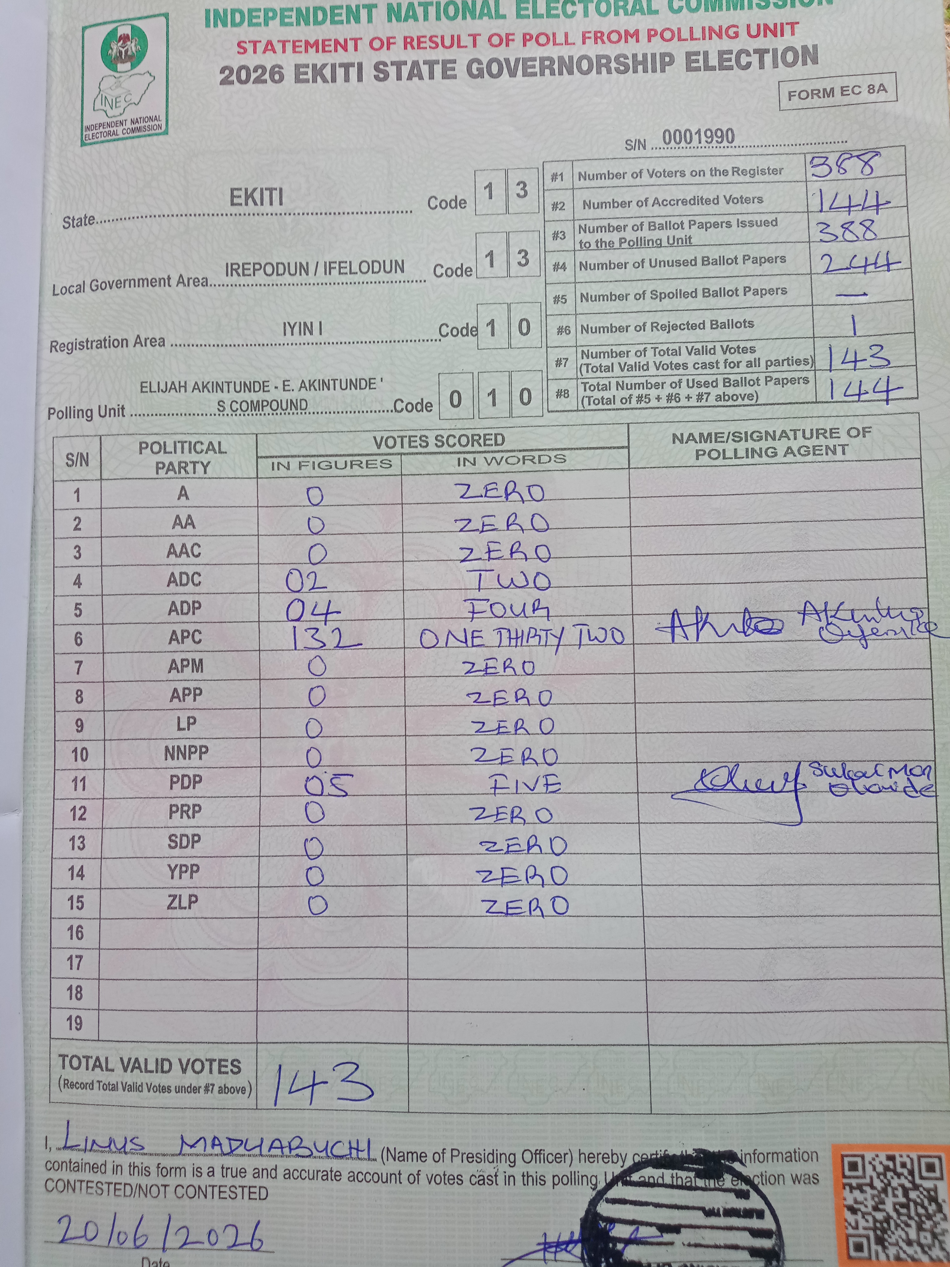 Result sheet for polling unit 13/13/10/010, Elijah Akintunde - E. Akintunde ' S Compound