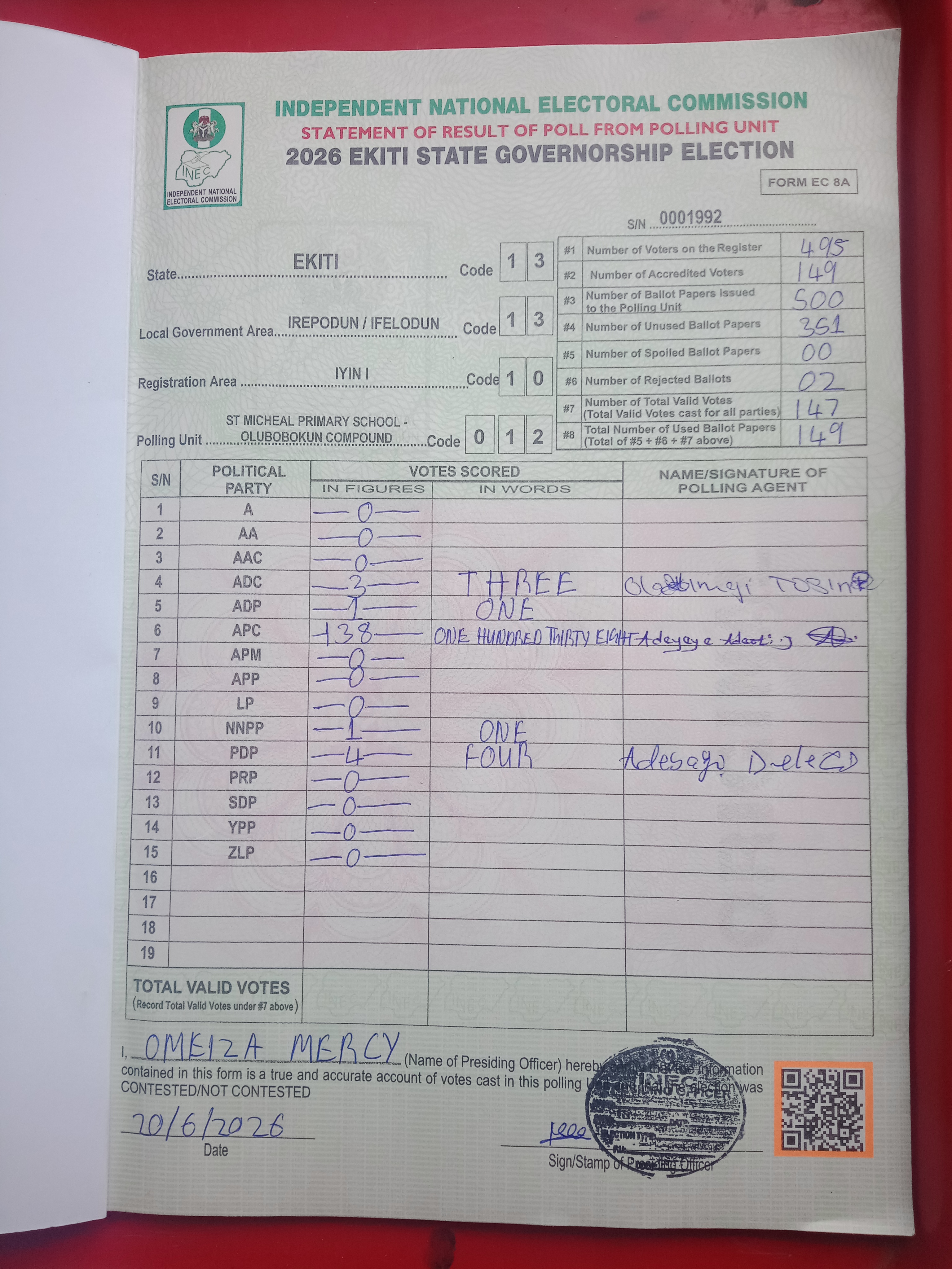 Result sheet for polling unit 13/13/10/012, St Micheal Primary School - Olubobokun Compound