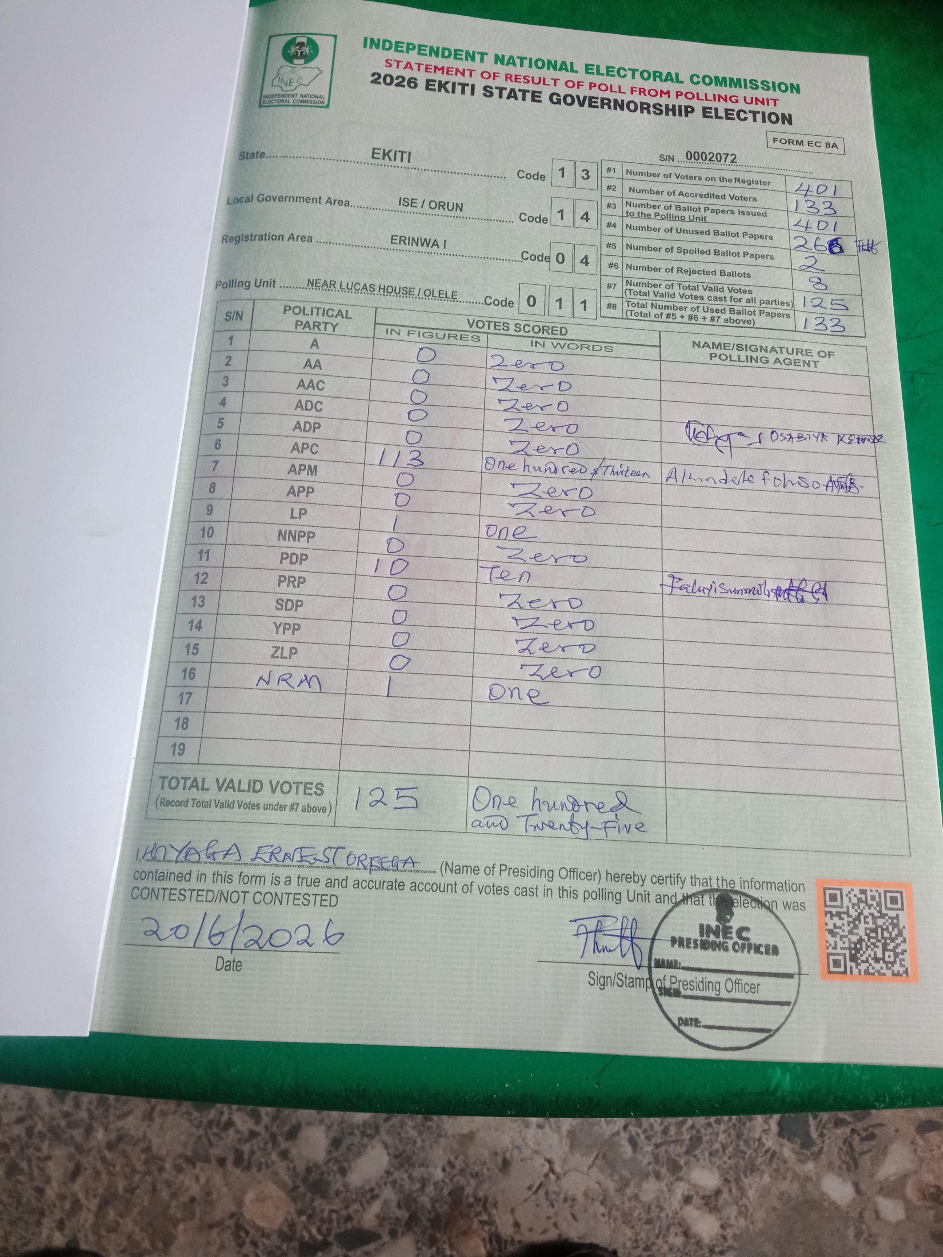 Result sheet for polling unit 13/14/04/011, Near Lucas House / Olele