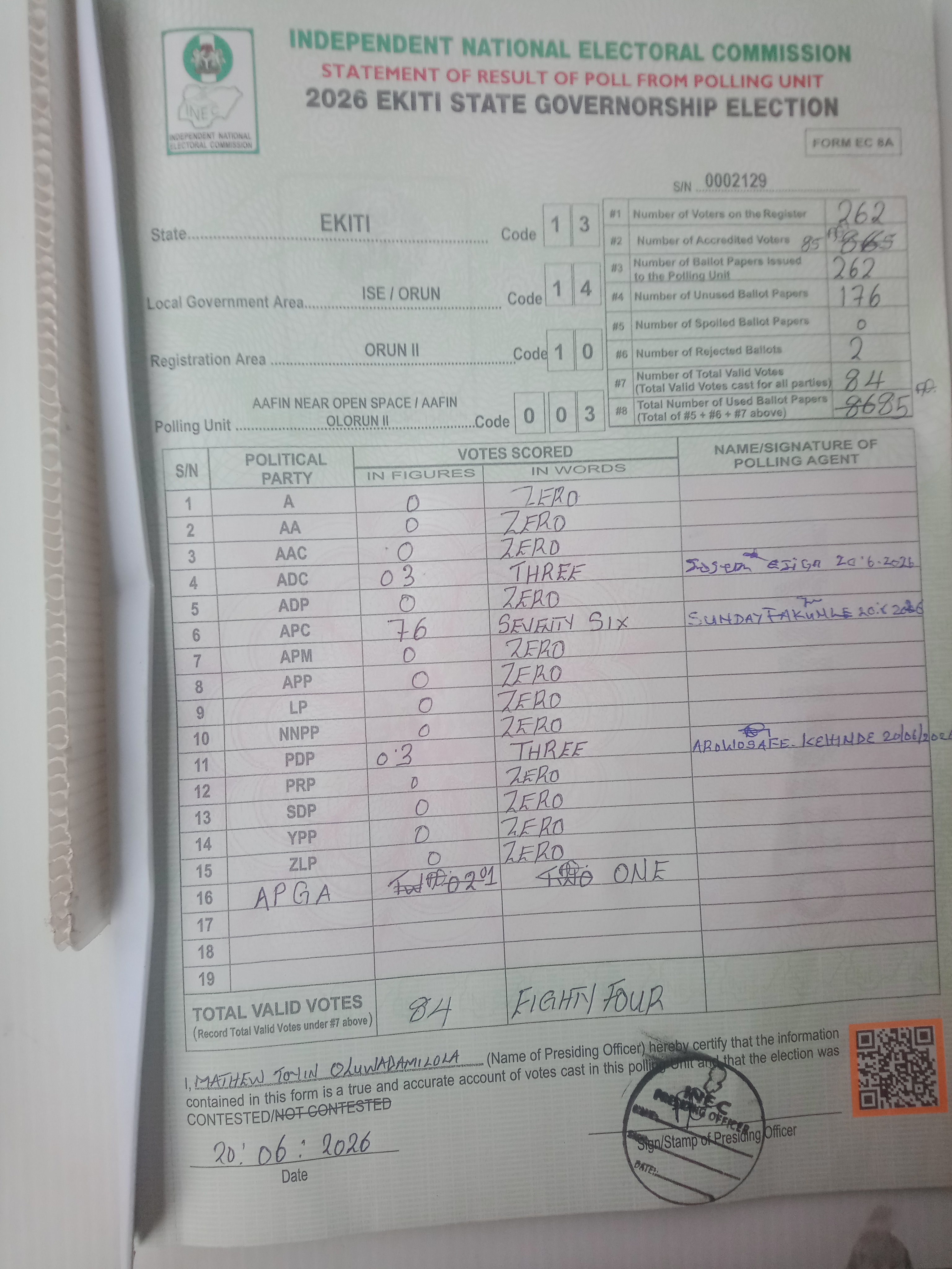 Result sheet for polling unit 13/14/10/003, Aafin Near Open Space / Aafin Olorun