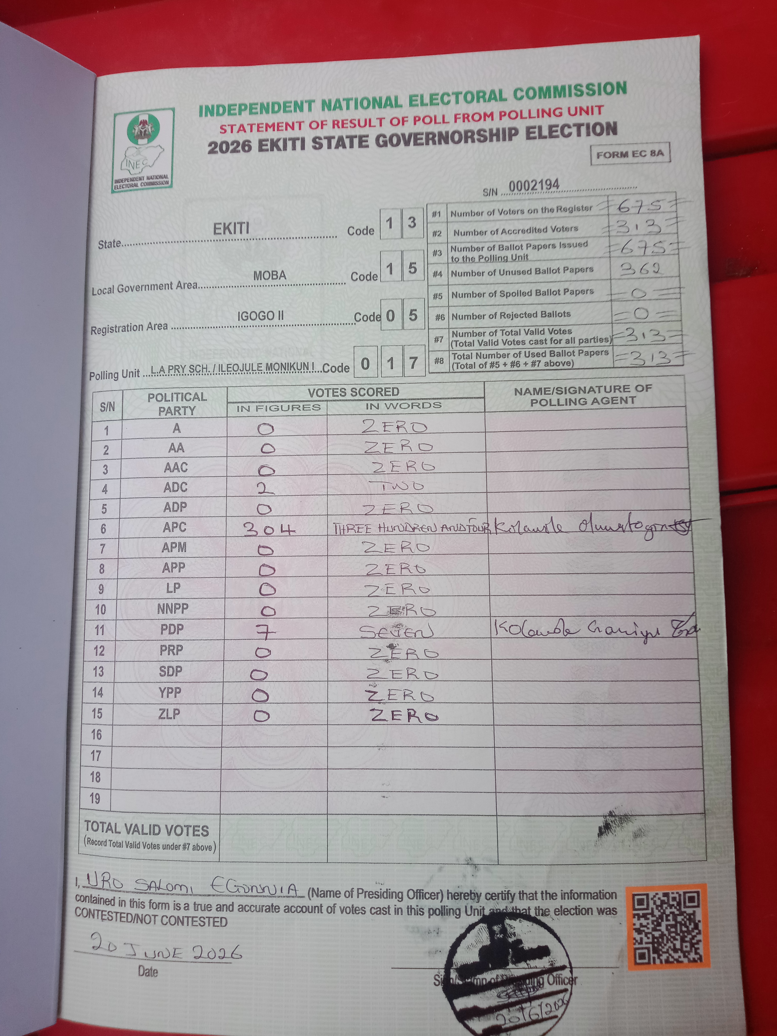 Result sheet for polling unit 13/15/05/017, L.A Pry Sch. / Ileojule Monikun I