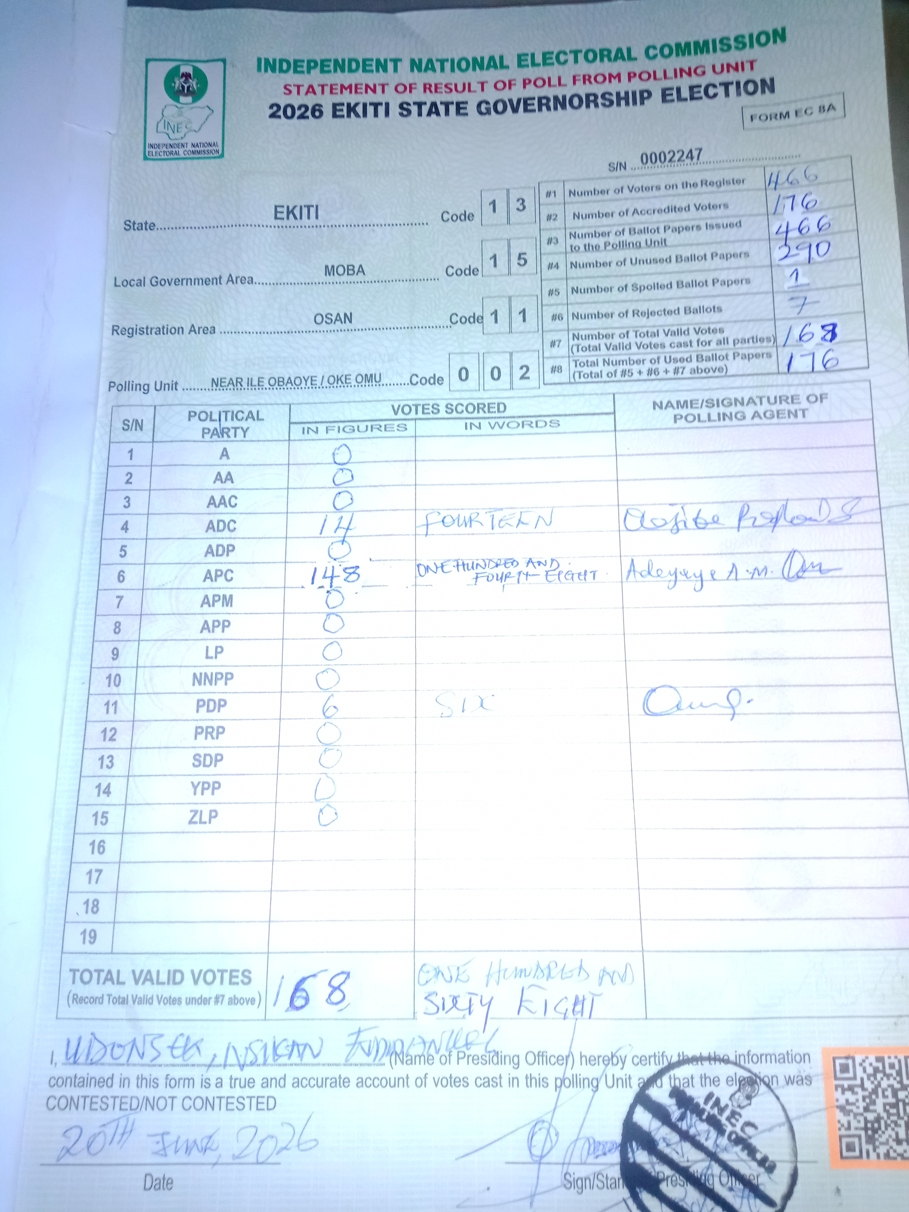 Result sheet for polling unit 13/15/11/002, Near Ile Obaoye / Oke Omu