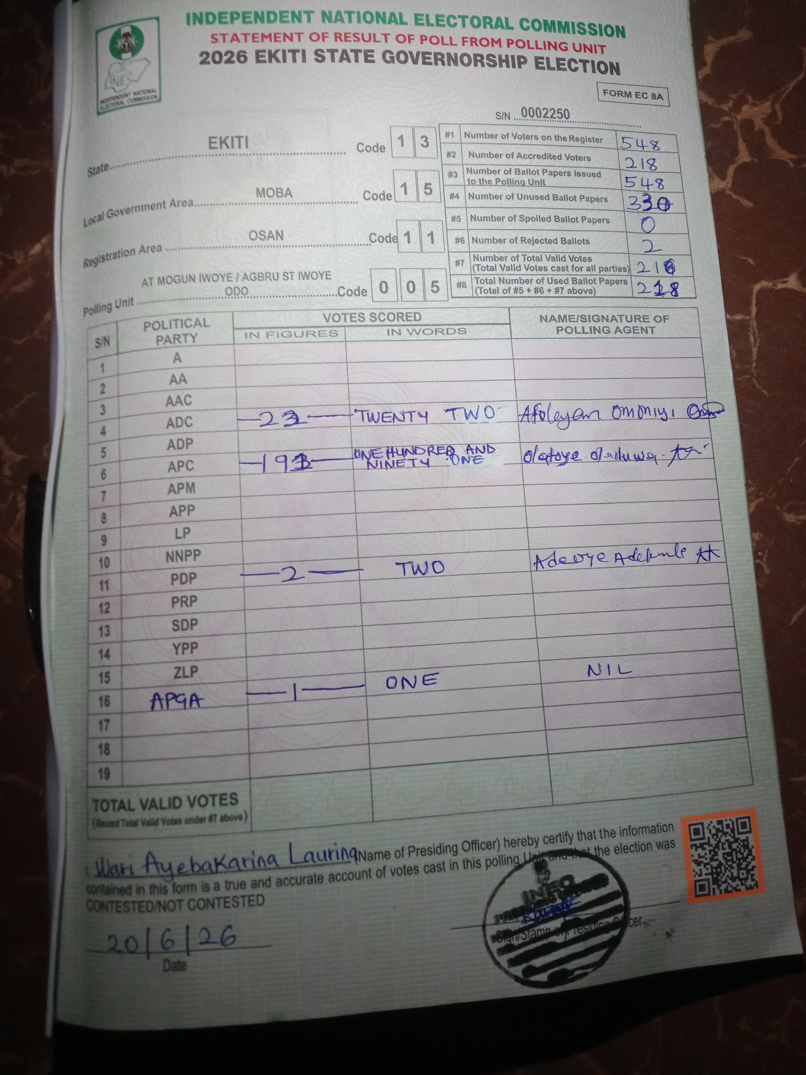 Result sheet for polling unit 13/15/11/005, At Mogun Iwoye / Agbru St Iwoye Odo