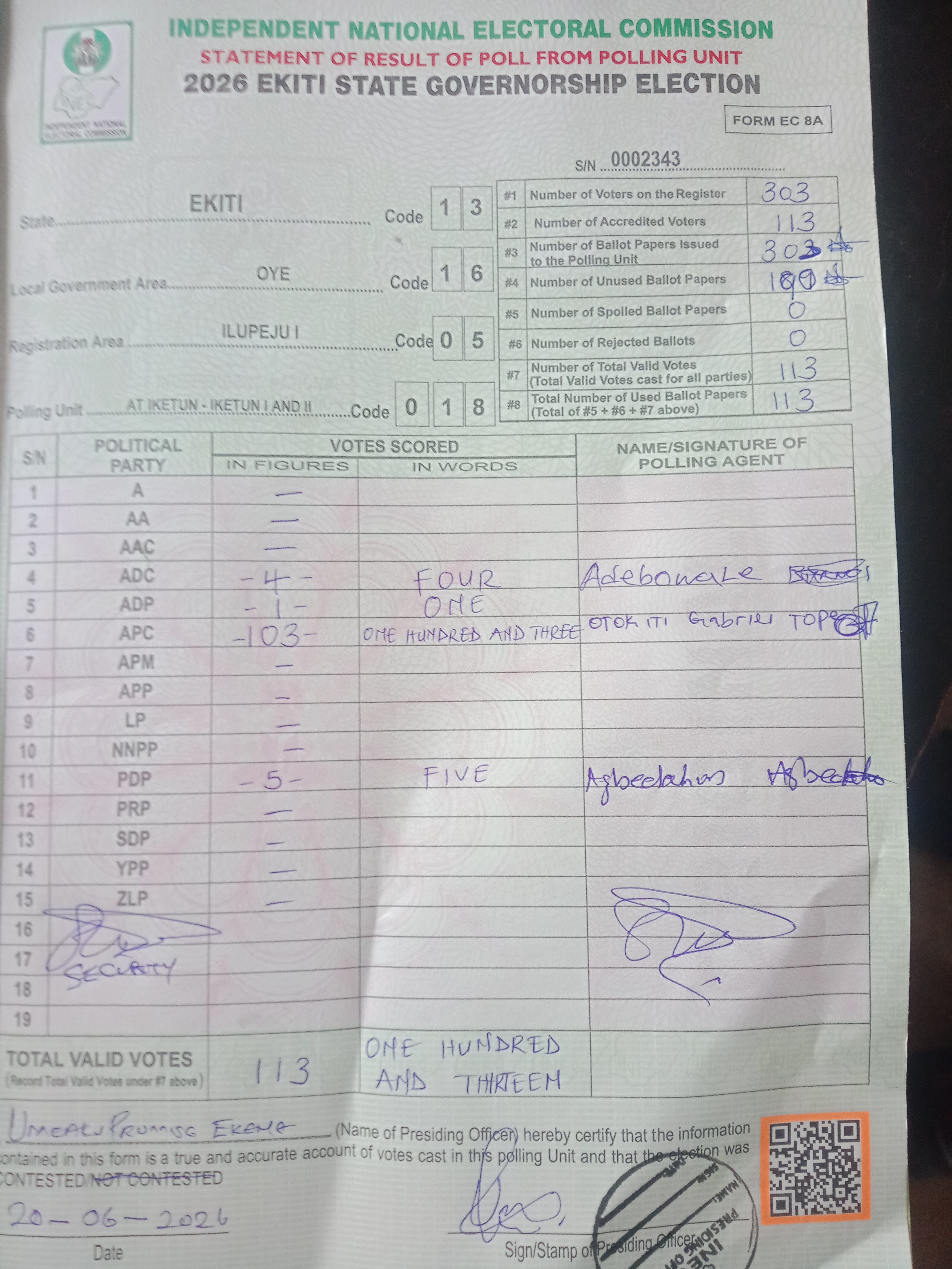 Result sheet for polling unit 13/16/05/018, At Iketun - Iketun I And II
