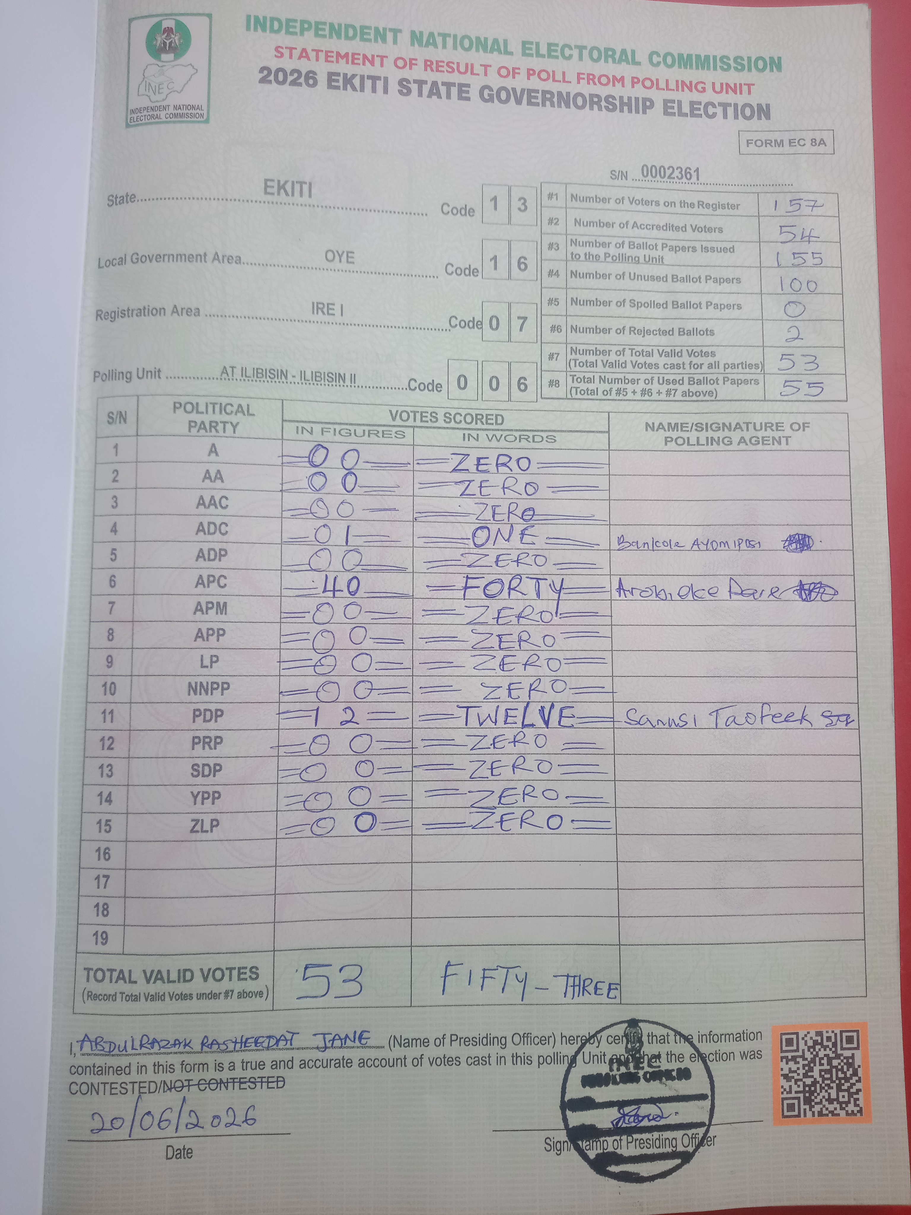 Result sheet for polling unit 13/16/07/006, At Ilibisin - Ilibisin II