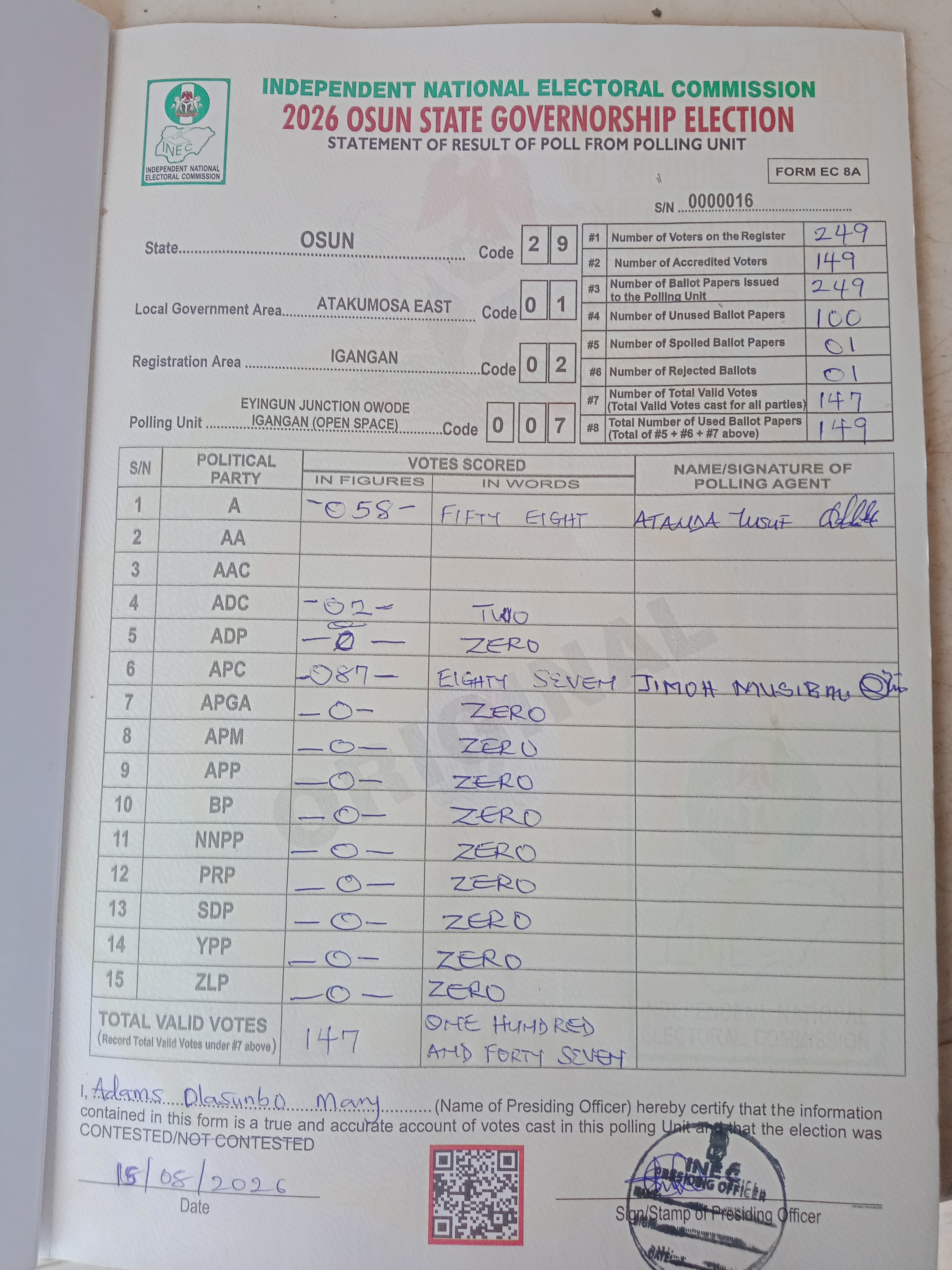 Result sheet for polling unit 29/01/02/007, Eyingun Junction Owode Igangan (Open Space)