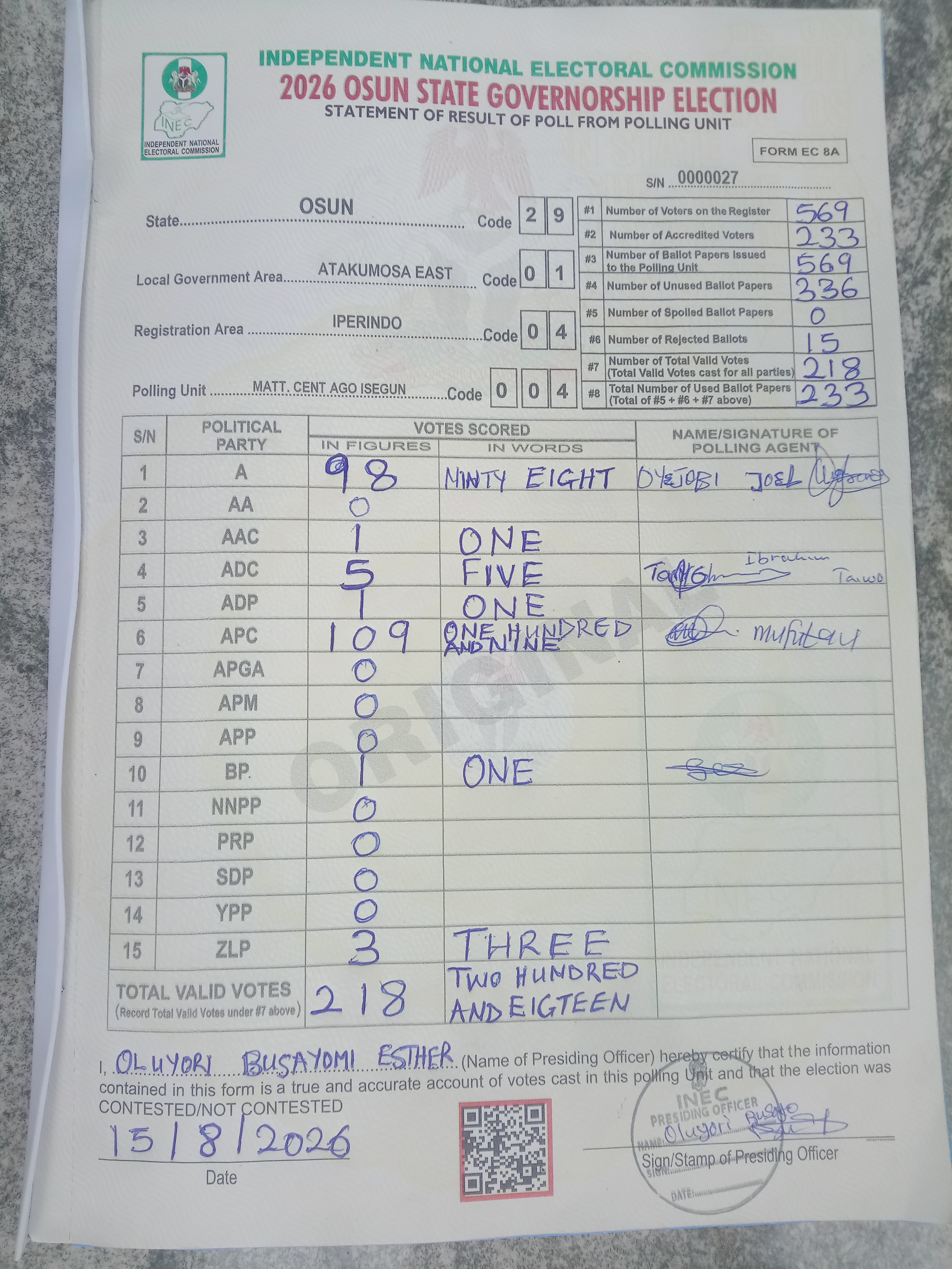 Result sheet for polling unit 29/01/04/004, Matt. Cent Ago Isegun