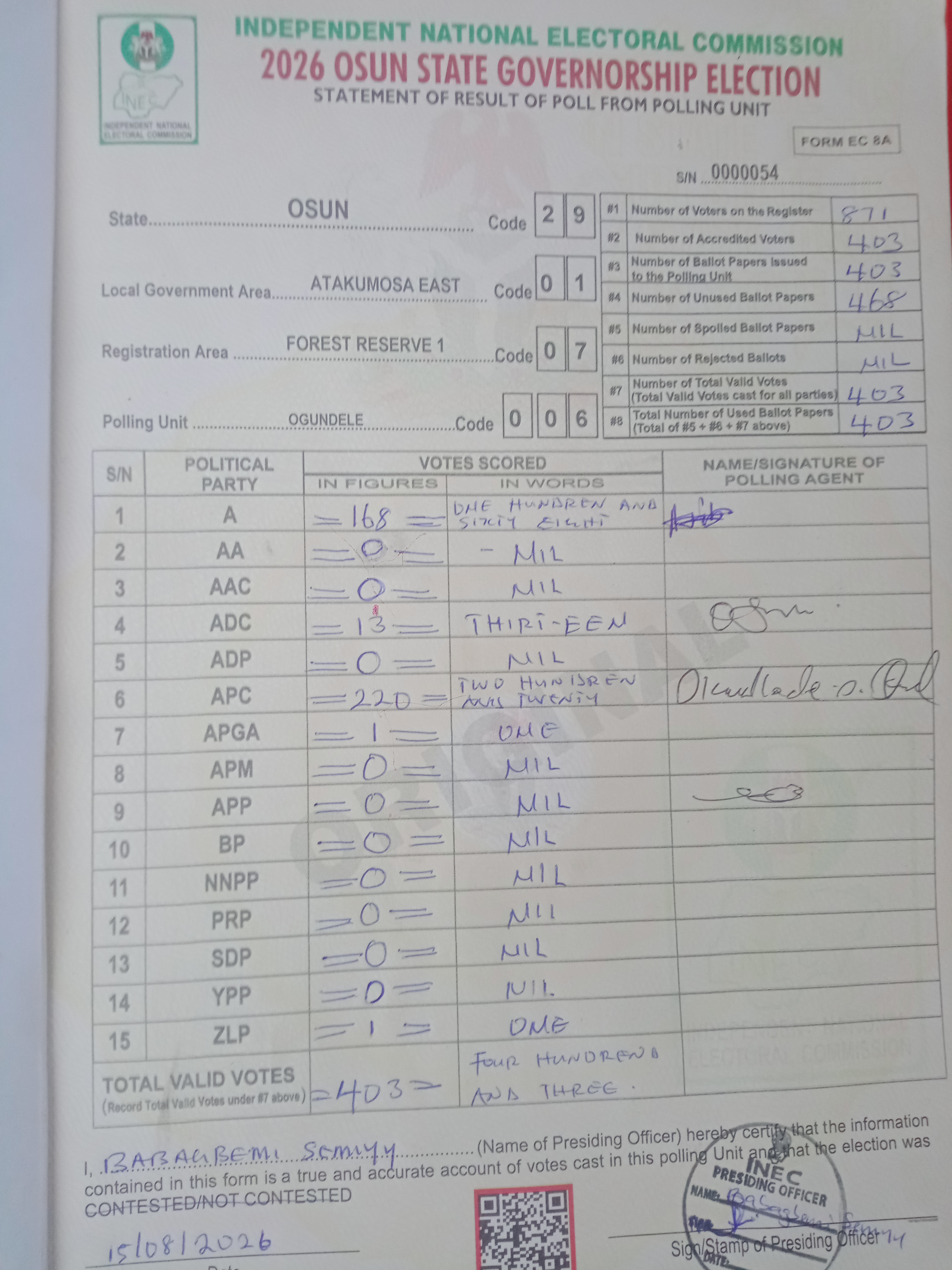 Result sheet for polling unit 29/01/07/006, Ogundele