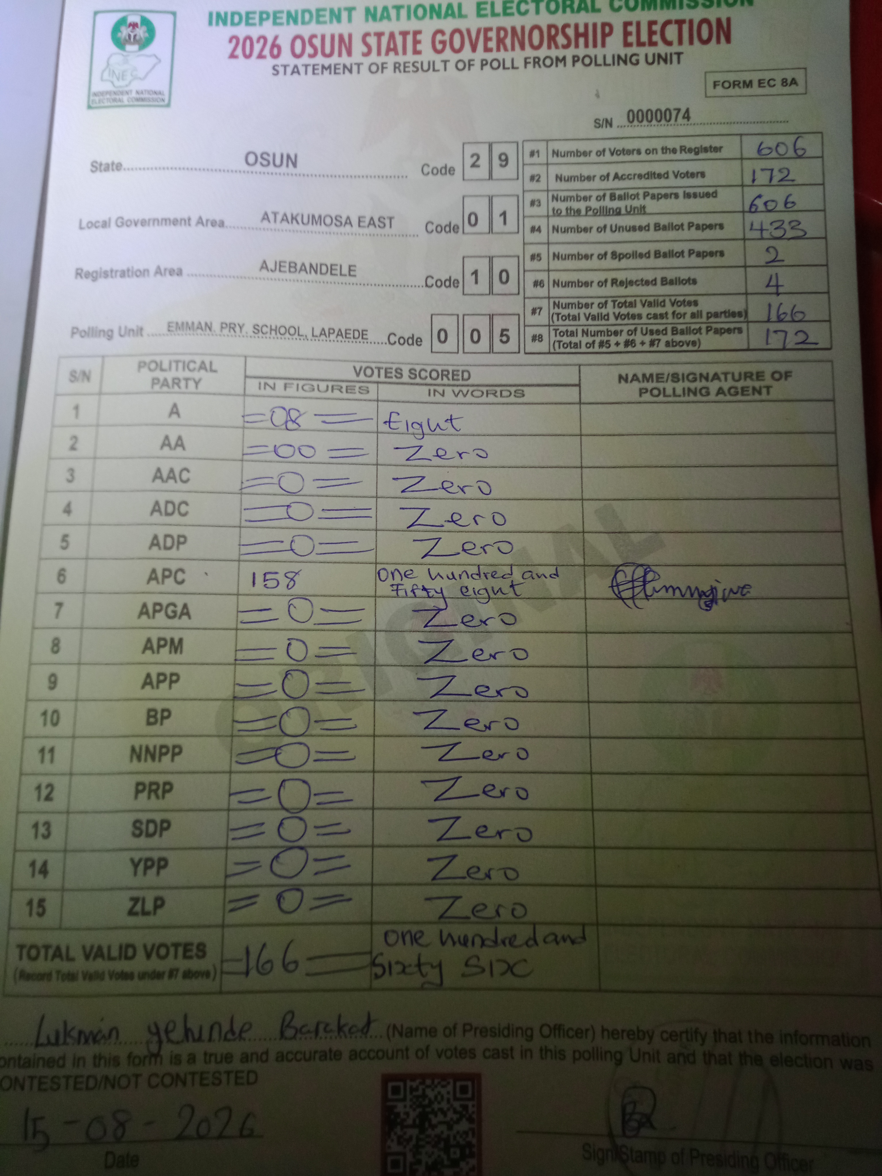 Result sheet for polling unit 29/01/10/005, Emman. Pry. School, Lapaede