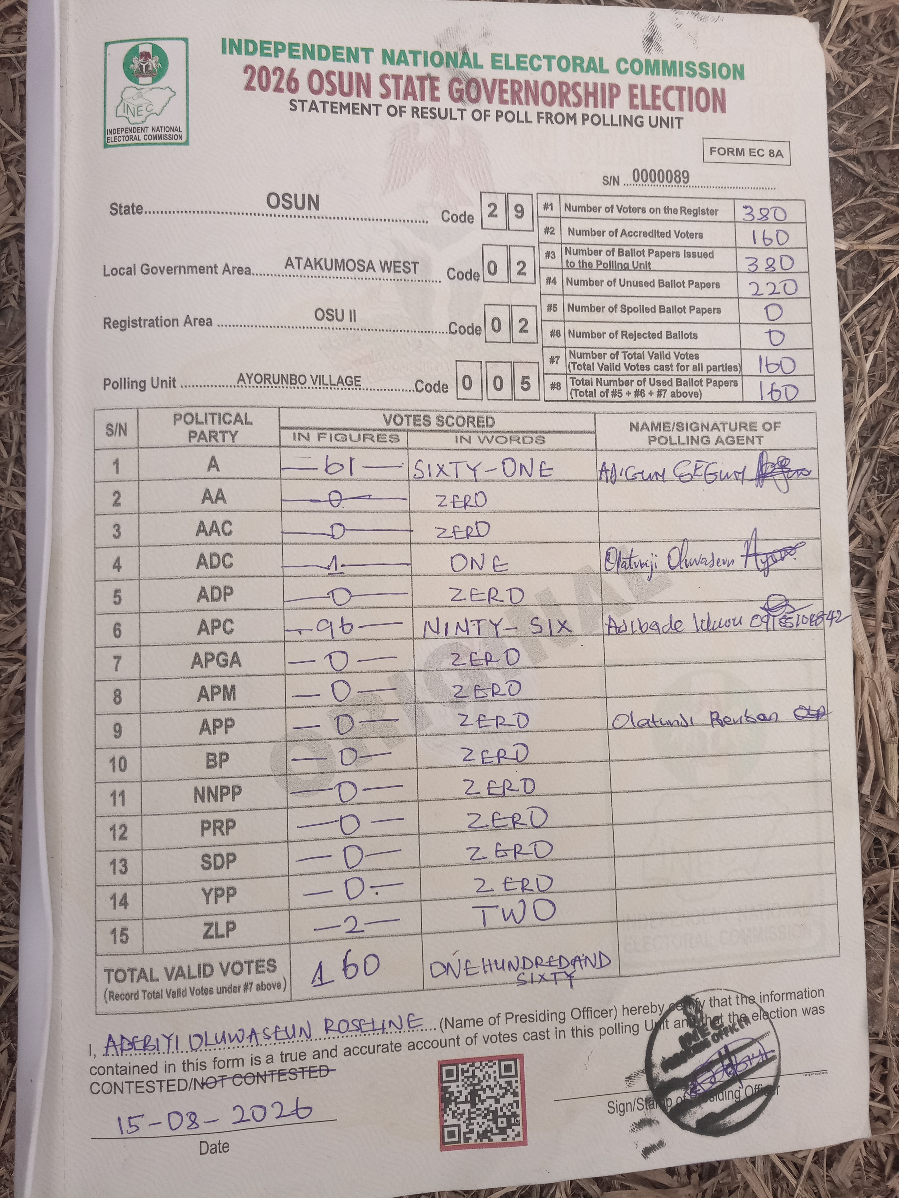 Result sheet for polling unit 29/02/02/005, Ayorunbo Village