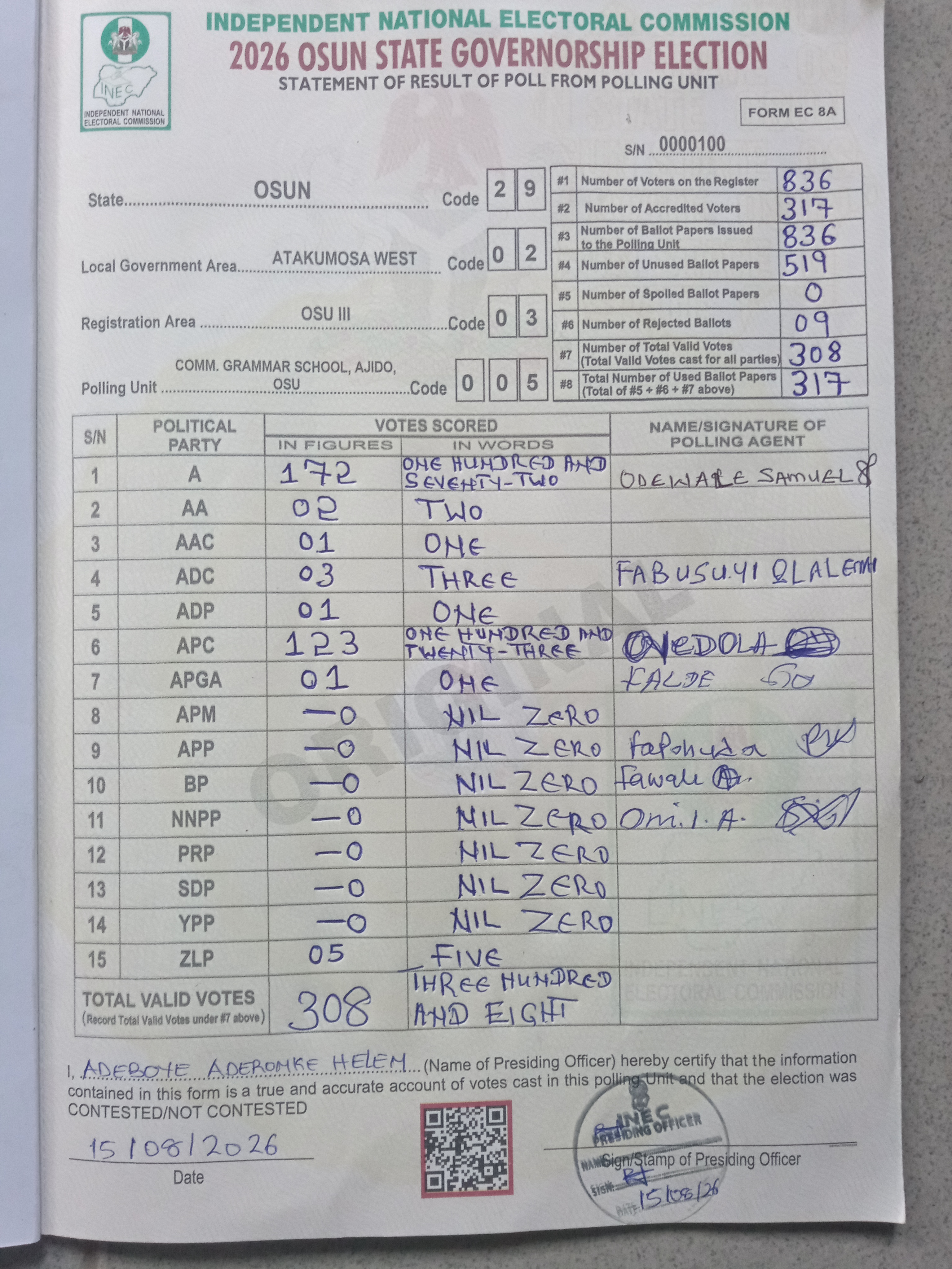 Result sheet for polling unit 29/02/03/005, Comm. Grammar School, Ajido, Osu