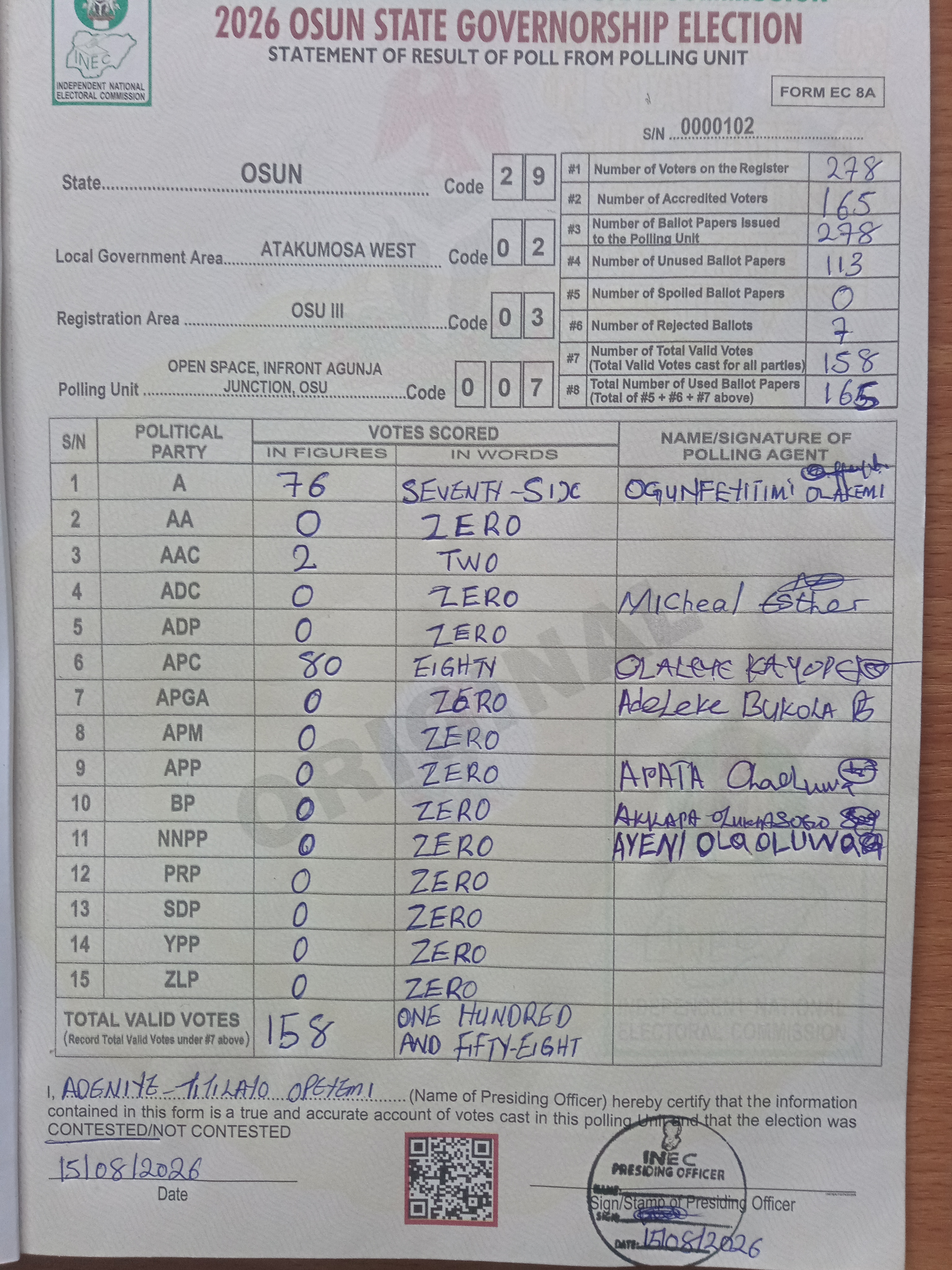 Result sheet for polling unit 29/02/03/007, Open Space, Infront Agunja Junction, Osu