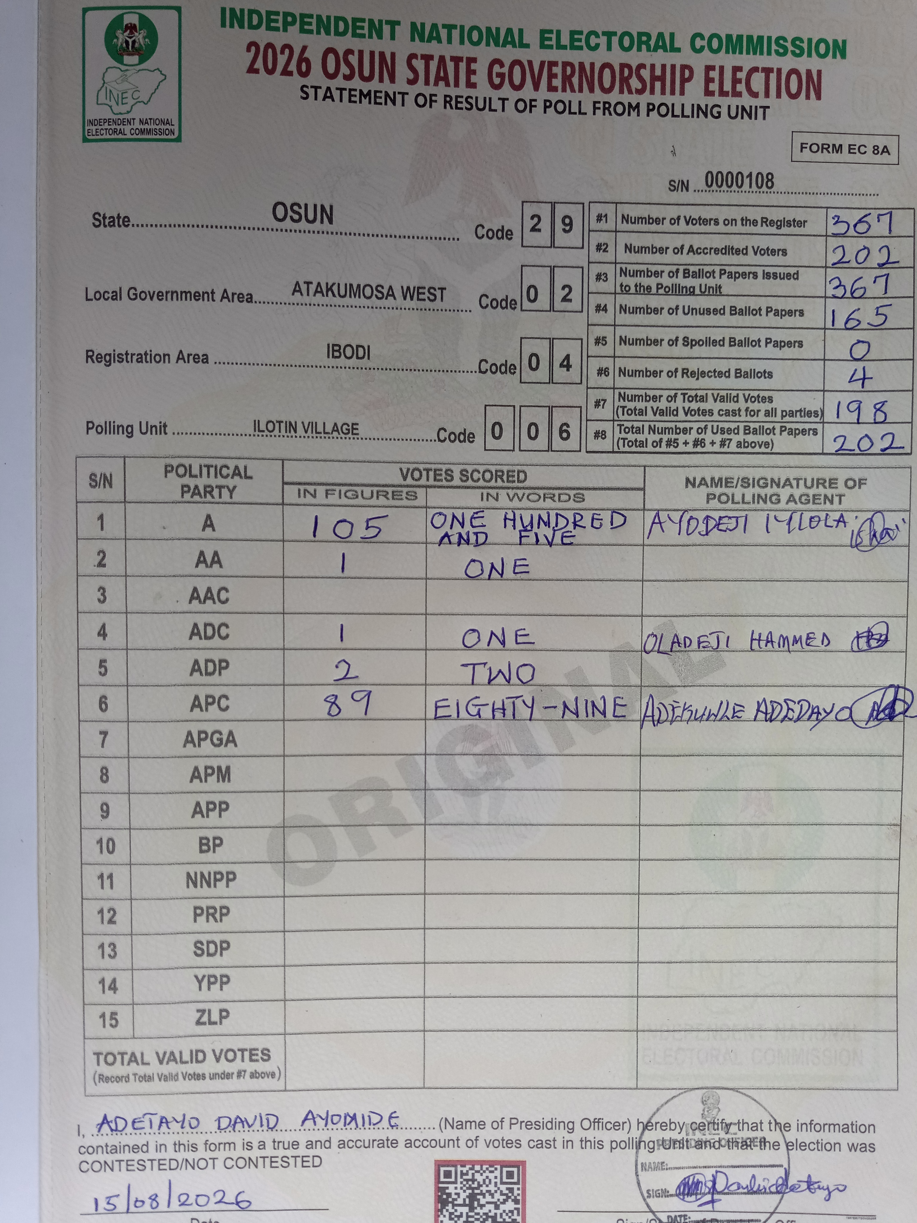 Result sheet for polling unit 29/02/04/006, Ilotin Village