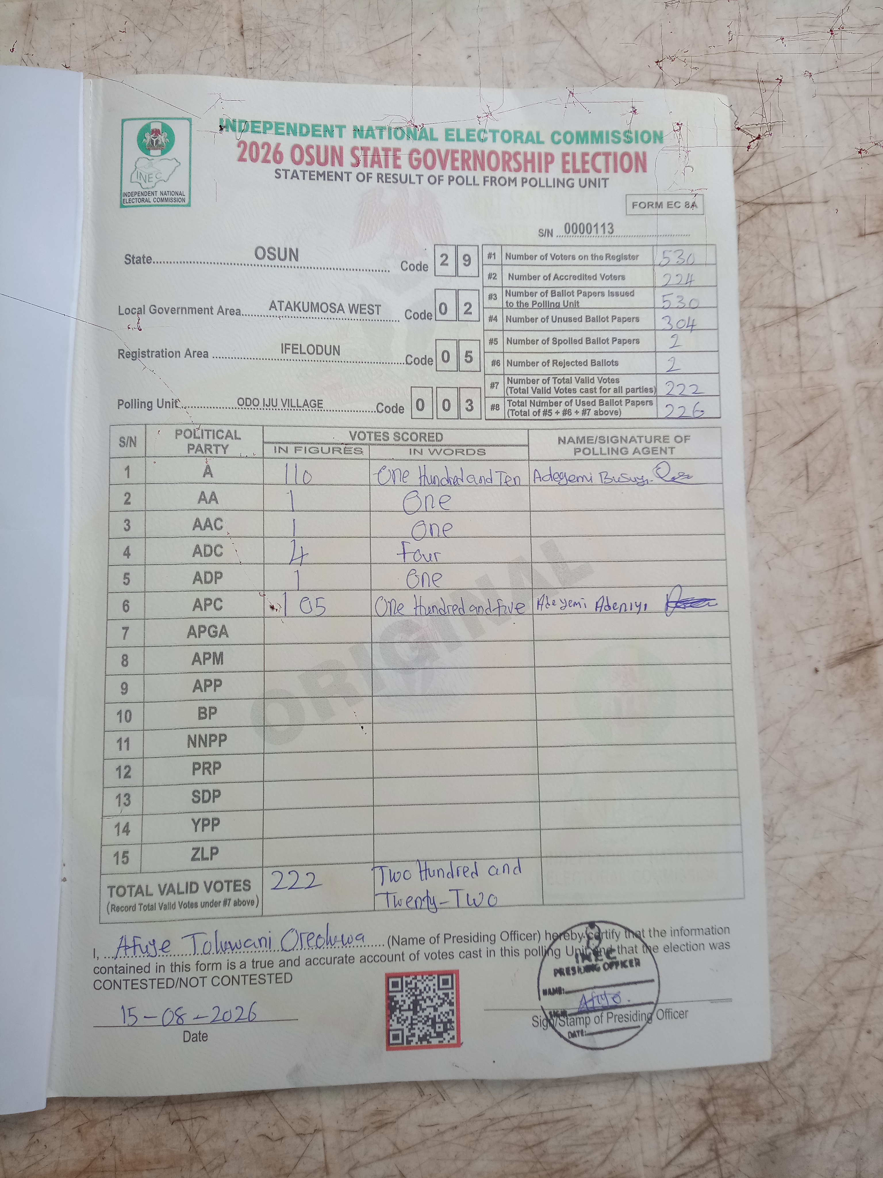 Result sheet for polling unit 29/02/05/003, Odo Iju Village
