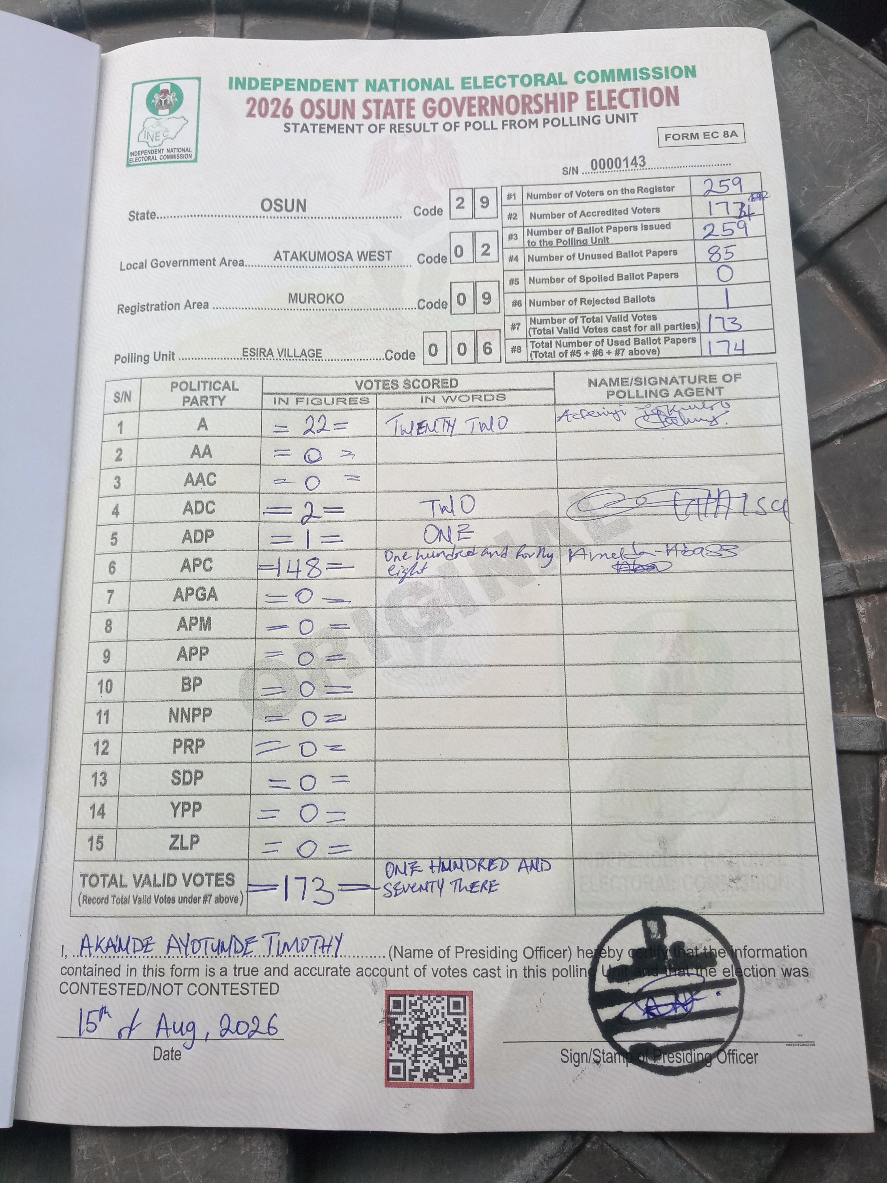 Result sheet for polling unit 29/02/09/006, Esira Village