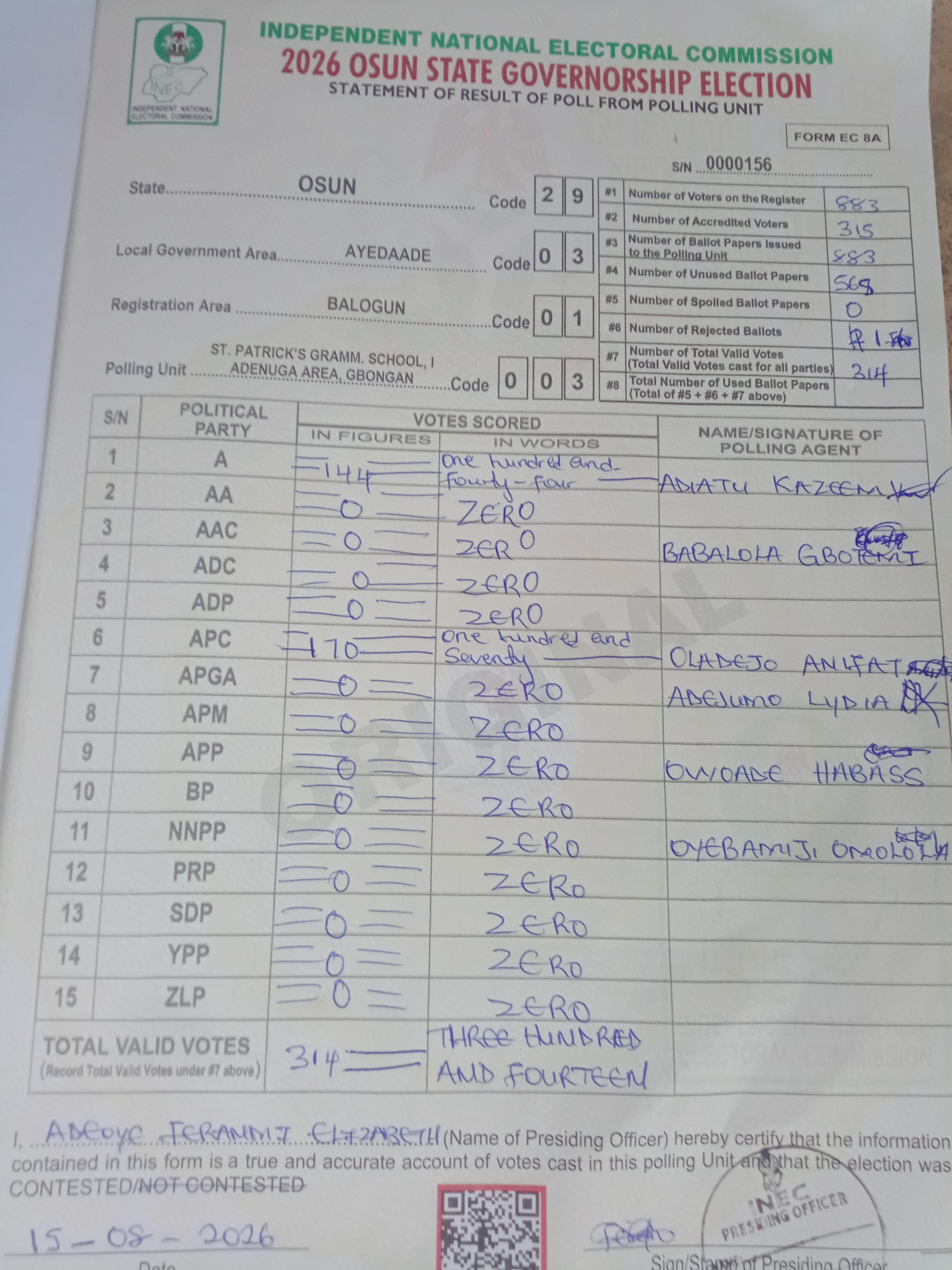 Result sheet for polling unit 29/03/01/003, St. Patrick's Gramm. School, I Adenuga Area, Gbongan