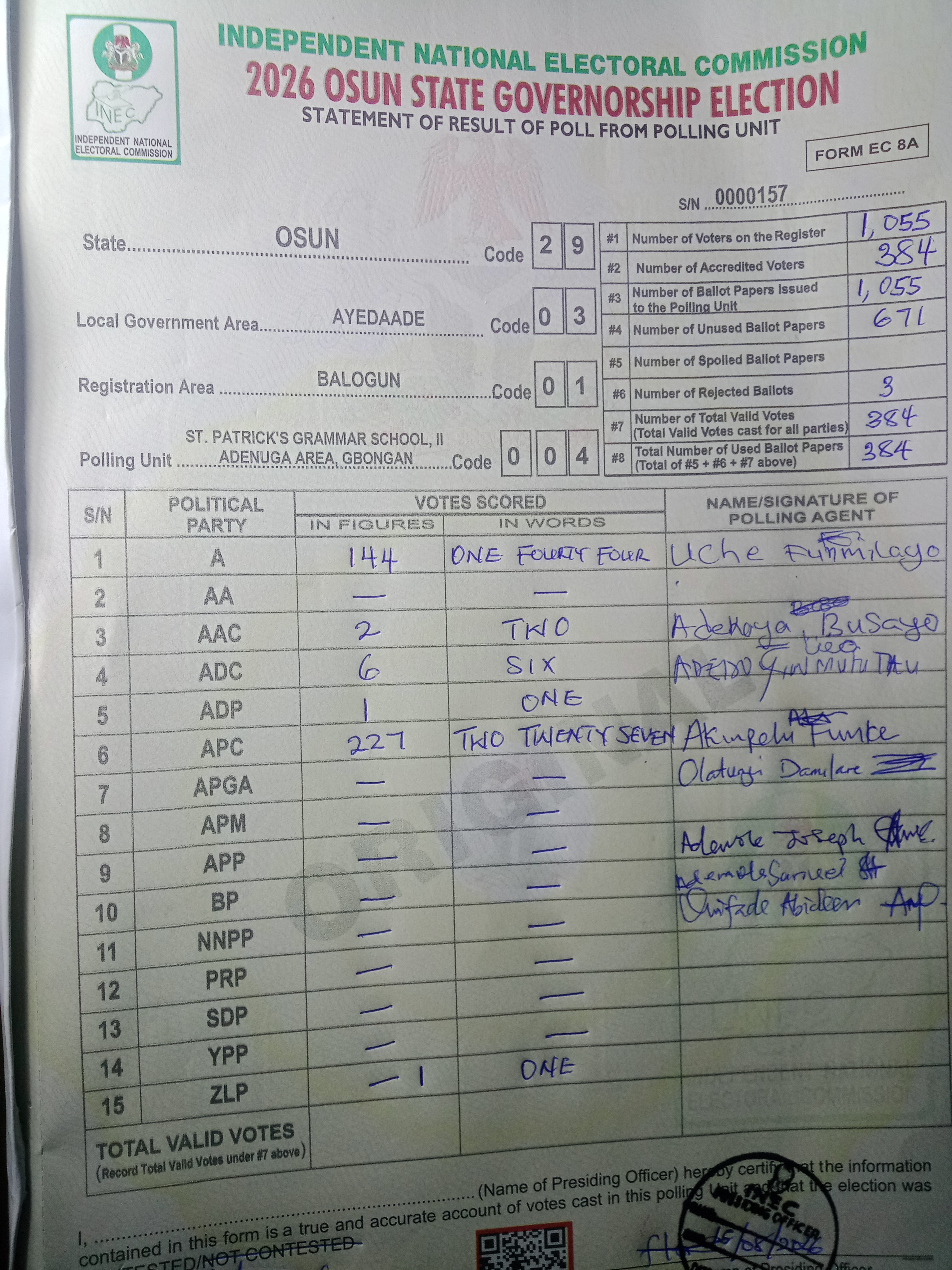 Result sheet for polling unit 29/03/01/004, St. Patrick's Grammar School, II Adenuga Area, Gbongan