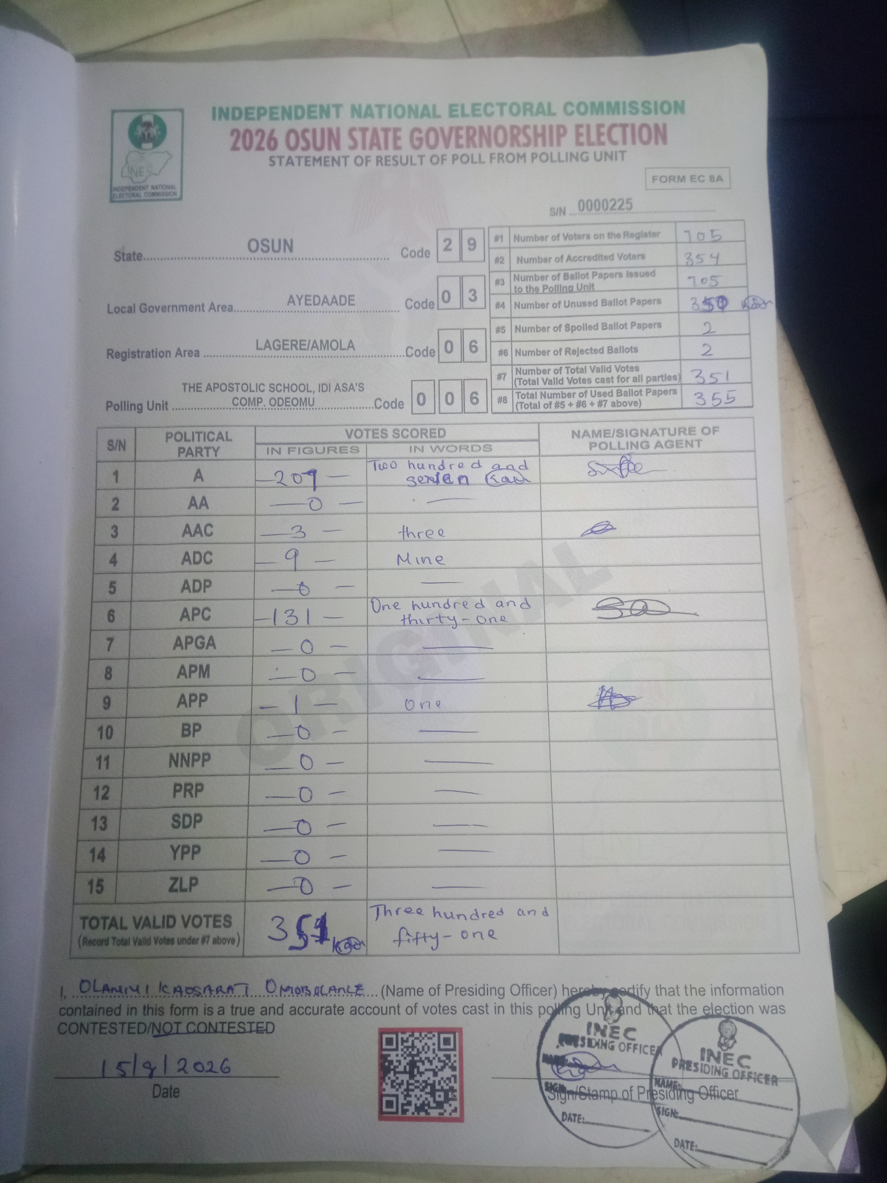 Result sheet for polling unit 29/03/06/006, The Apostolic School, Idi Asa's Comp. Odeomu