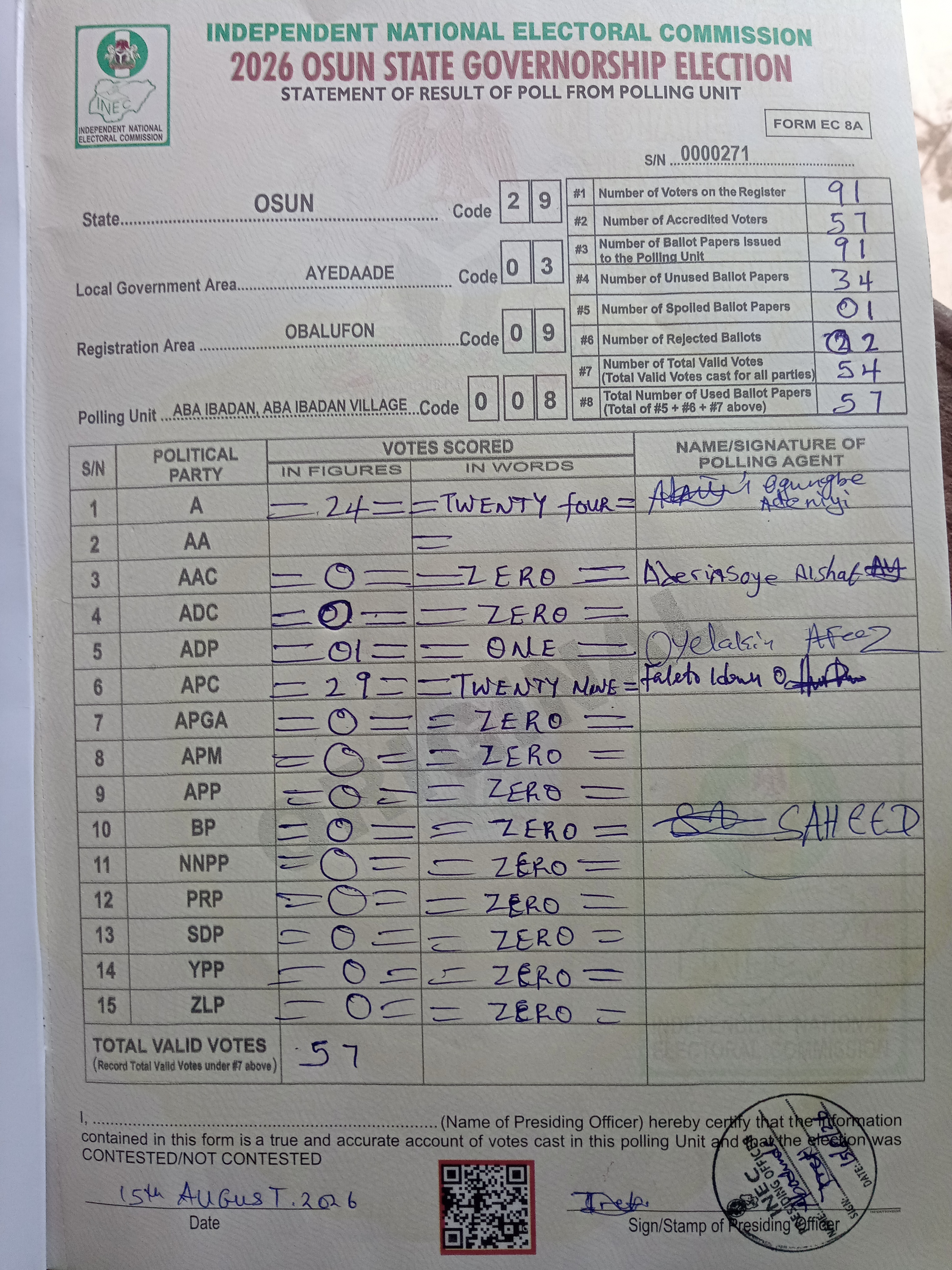 Result sheet for polling unit 29/03/09/008, Aba Ibadan, Aba Ibadan Village