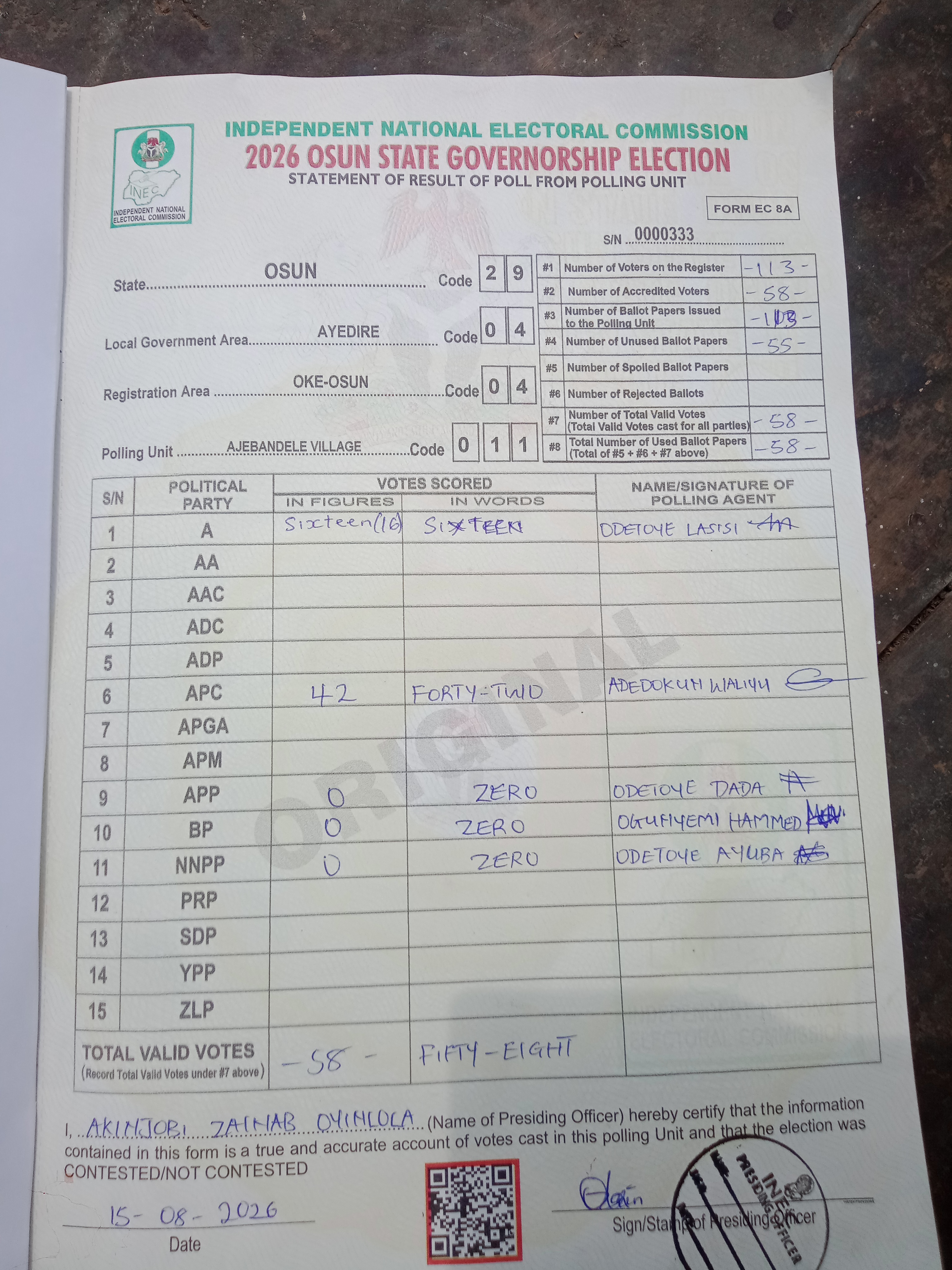 Result sheet for polling unit 29/04/04/011, Ajebandele Village