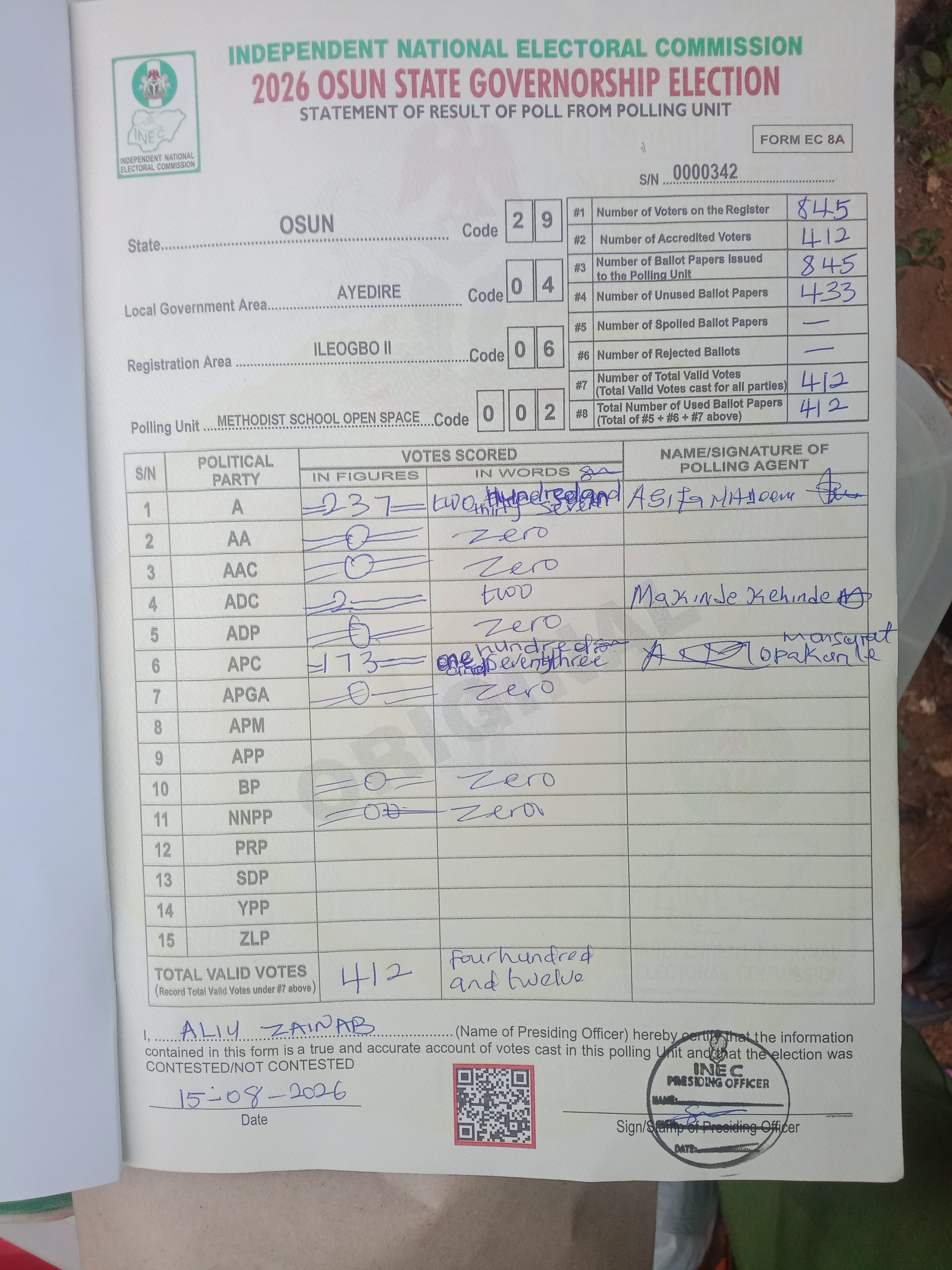 Result sheet for polling unit 29/04/06/002, Methodist School Open Space