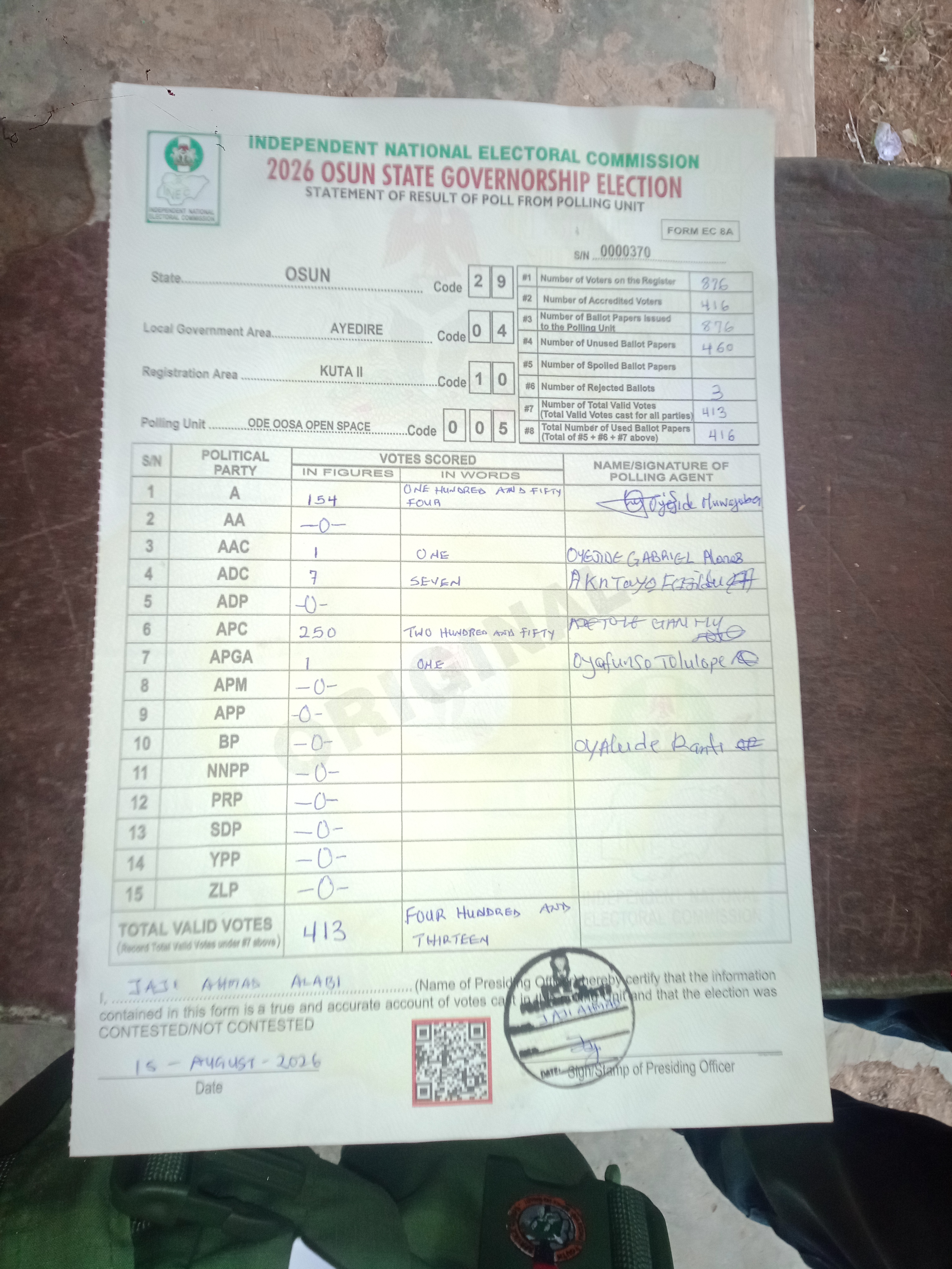 Result sheet for polling unit 29/04/10/005, Ode Oosa Open Space