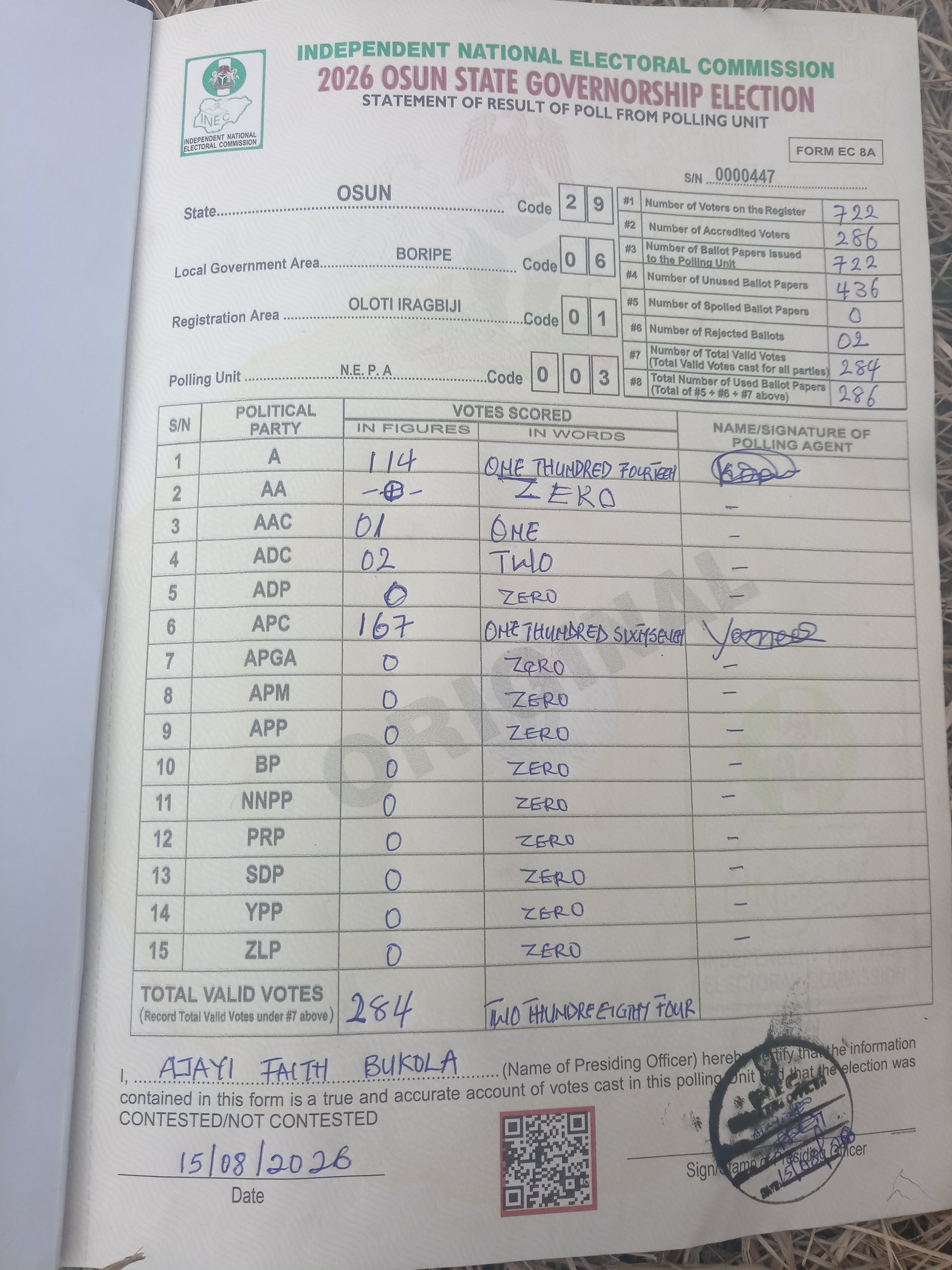 Result sheet for polling unit 29/06/01/003, N.E. P. A