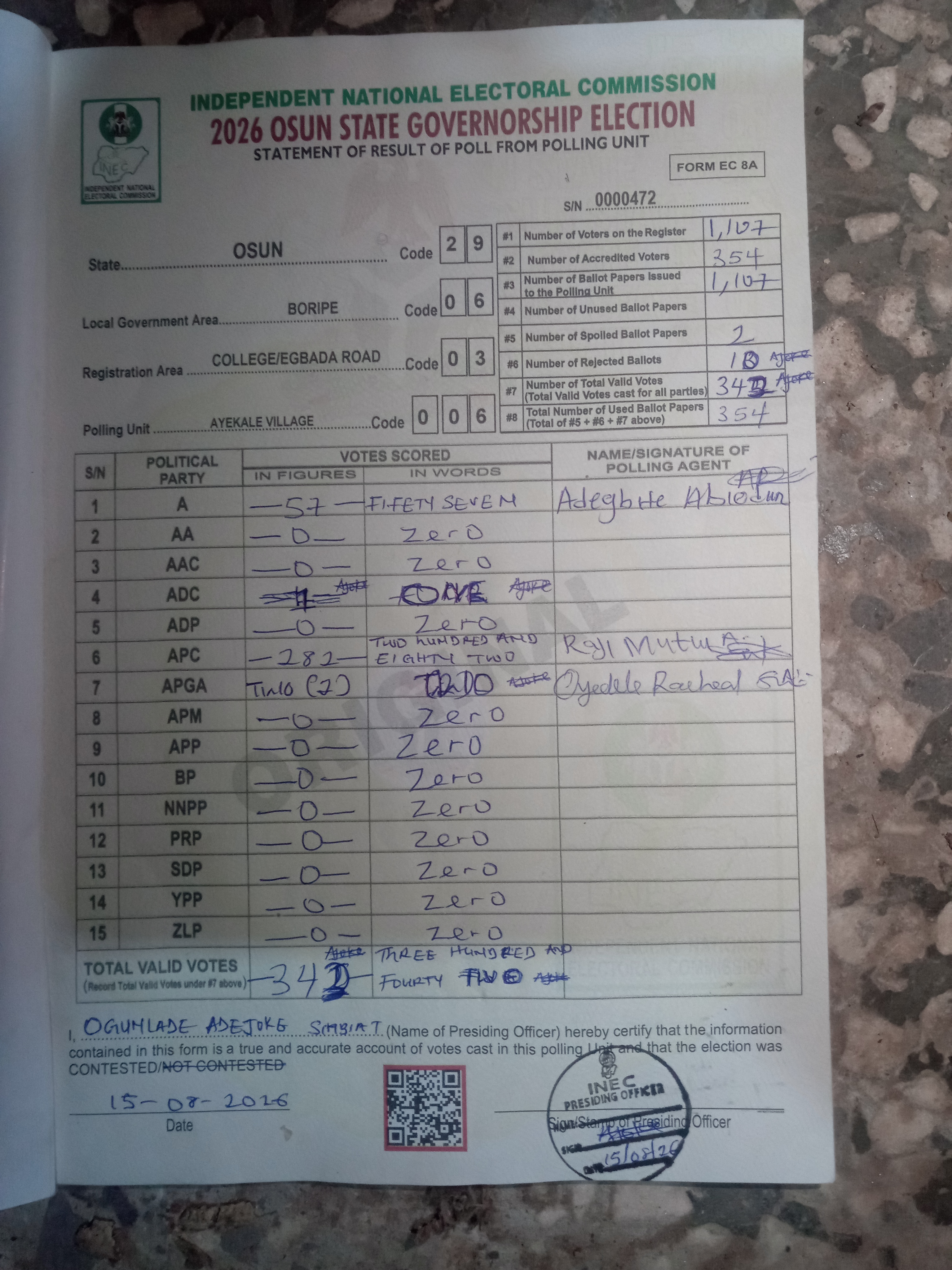 Result sheet for polling unit 29/06/03/006, Ayekale Village
