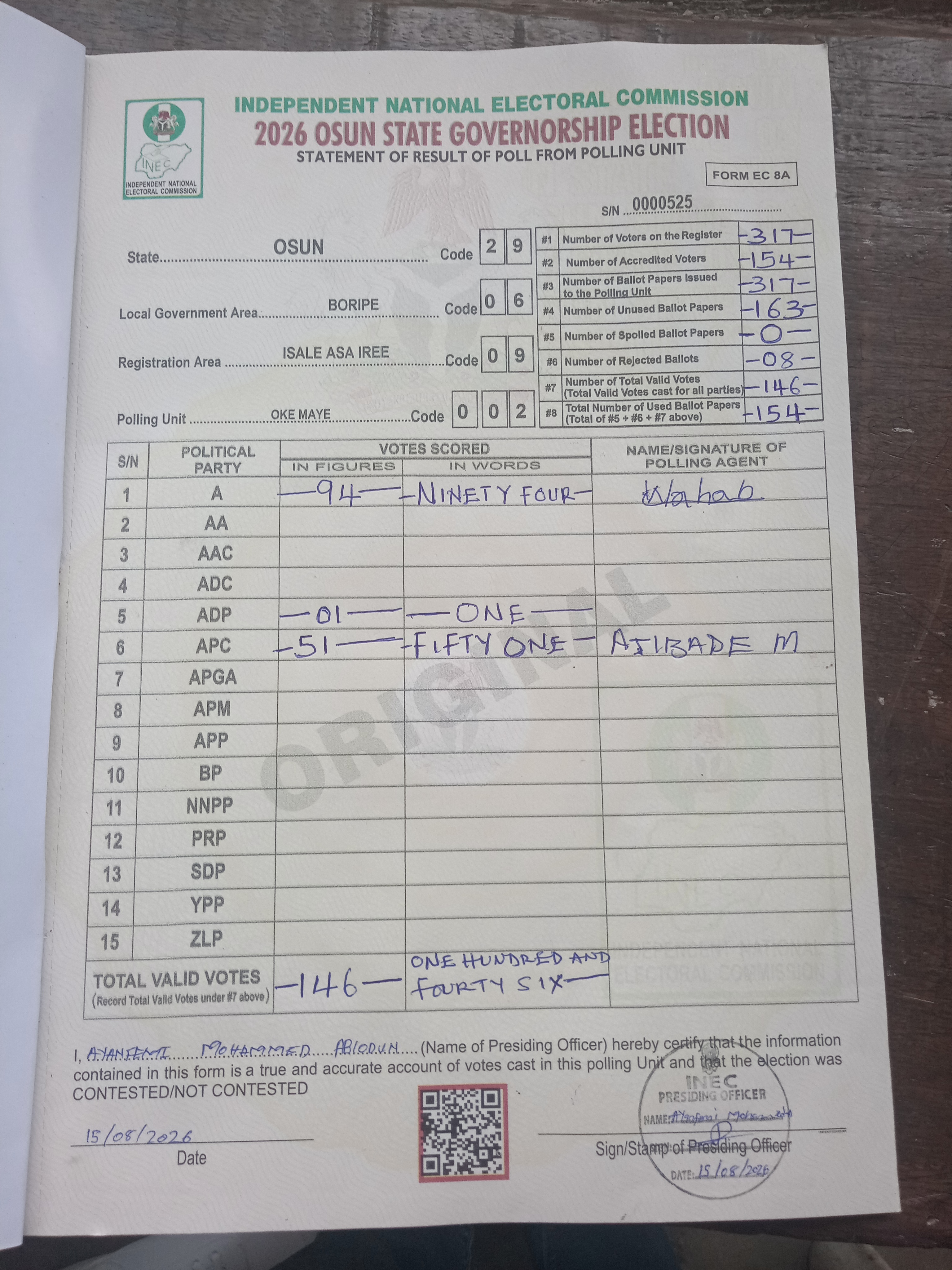 Result sheet for polling unit 29/06/09/002, Oke Maye