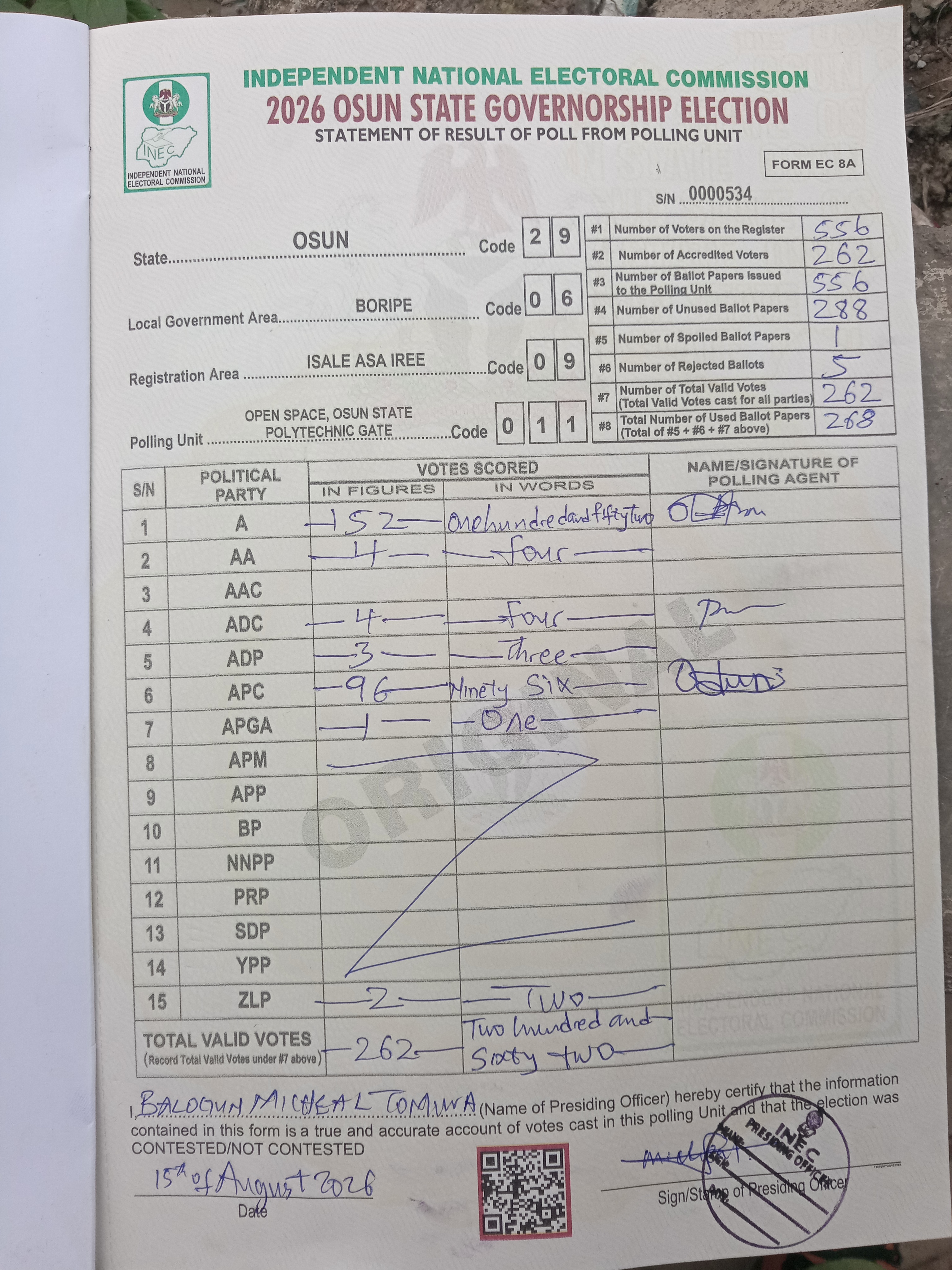 Result sheet for polling unit 29/06/09/011, Open Space, Osun State Polytechnic Gate