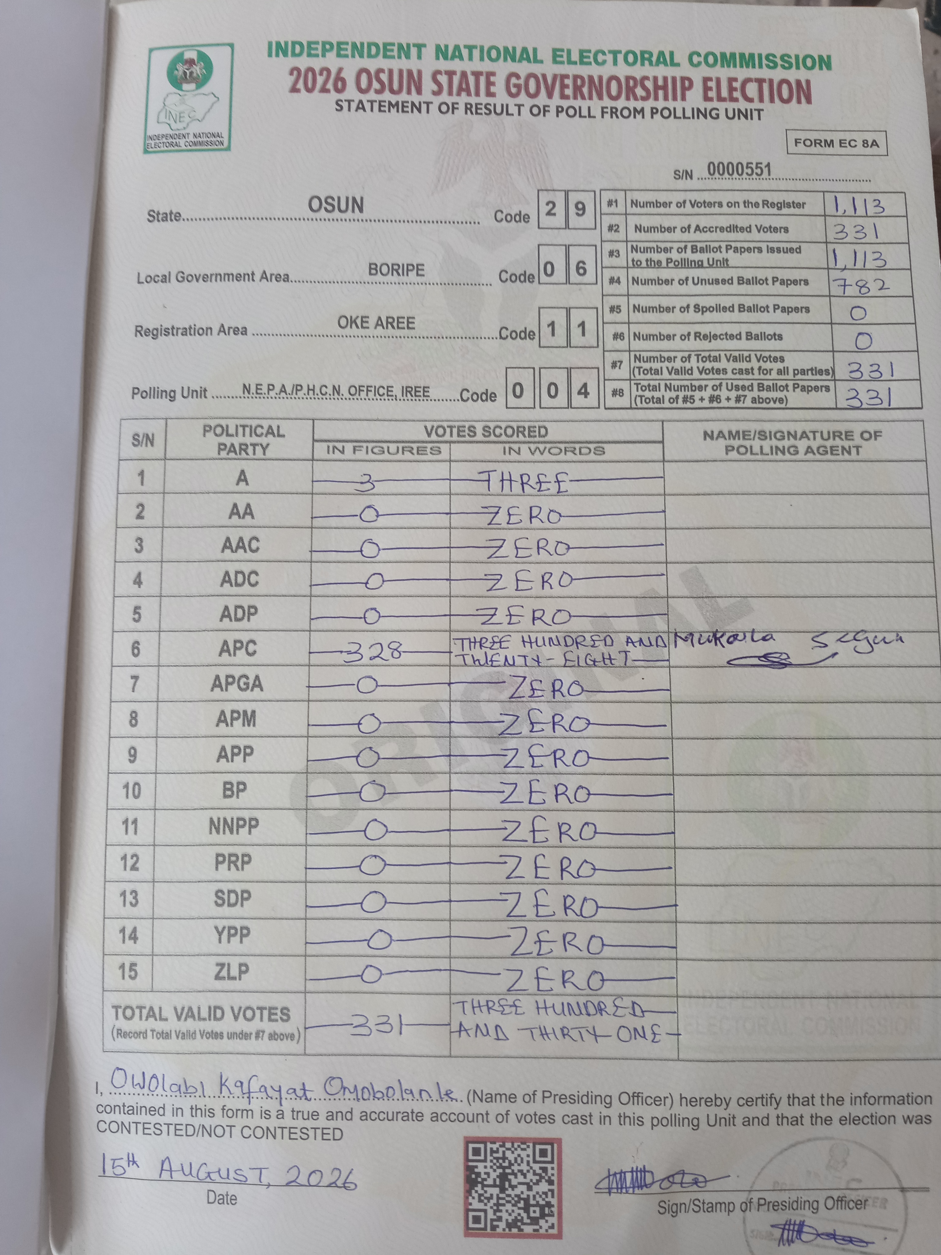 Result sheet for polling unit 29/06/11/004, N.E.P.A./P.H.C.N. Office, Iree