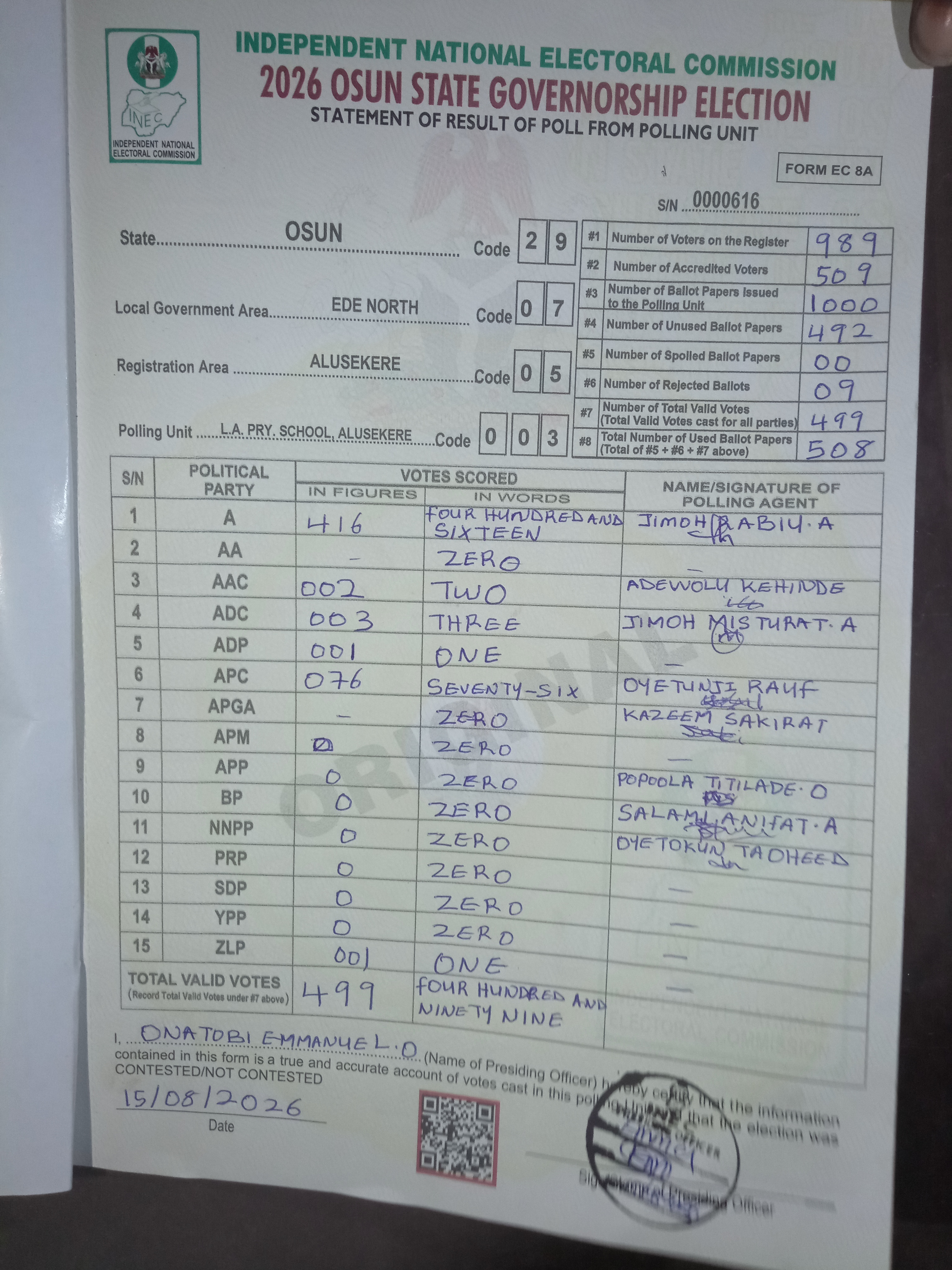 Result sheet for polling unit 29/07/05/003, L.A. Pry. School, Alusekere