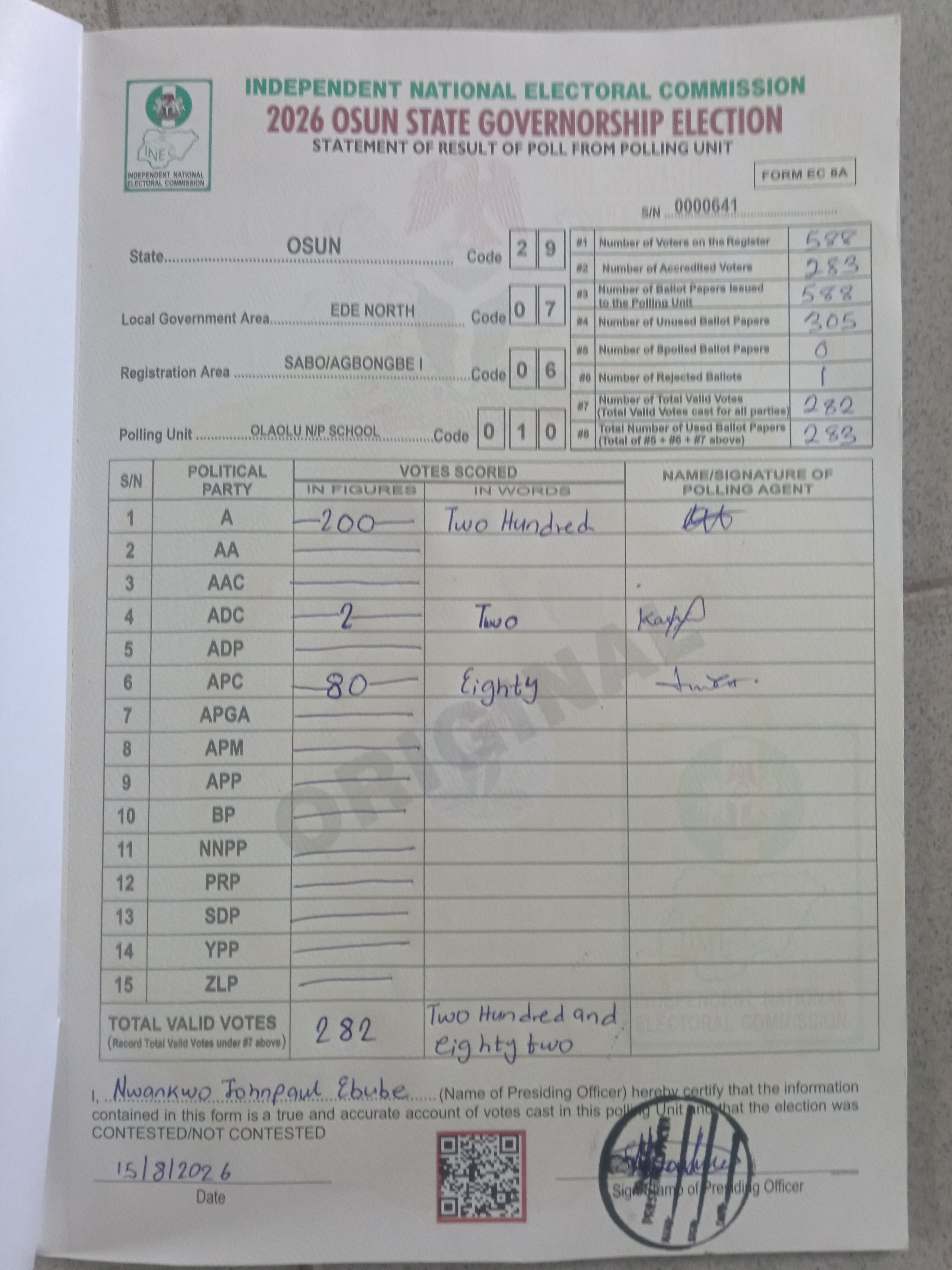Result sheet for polling unit 29/07/06/010, Olaolu N/P School