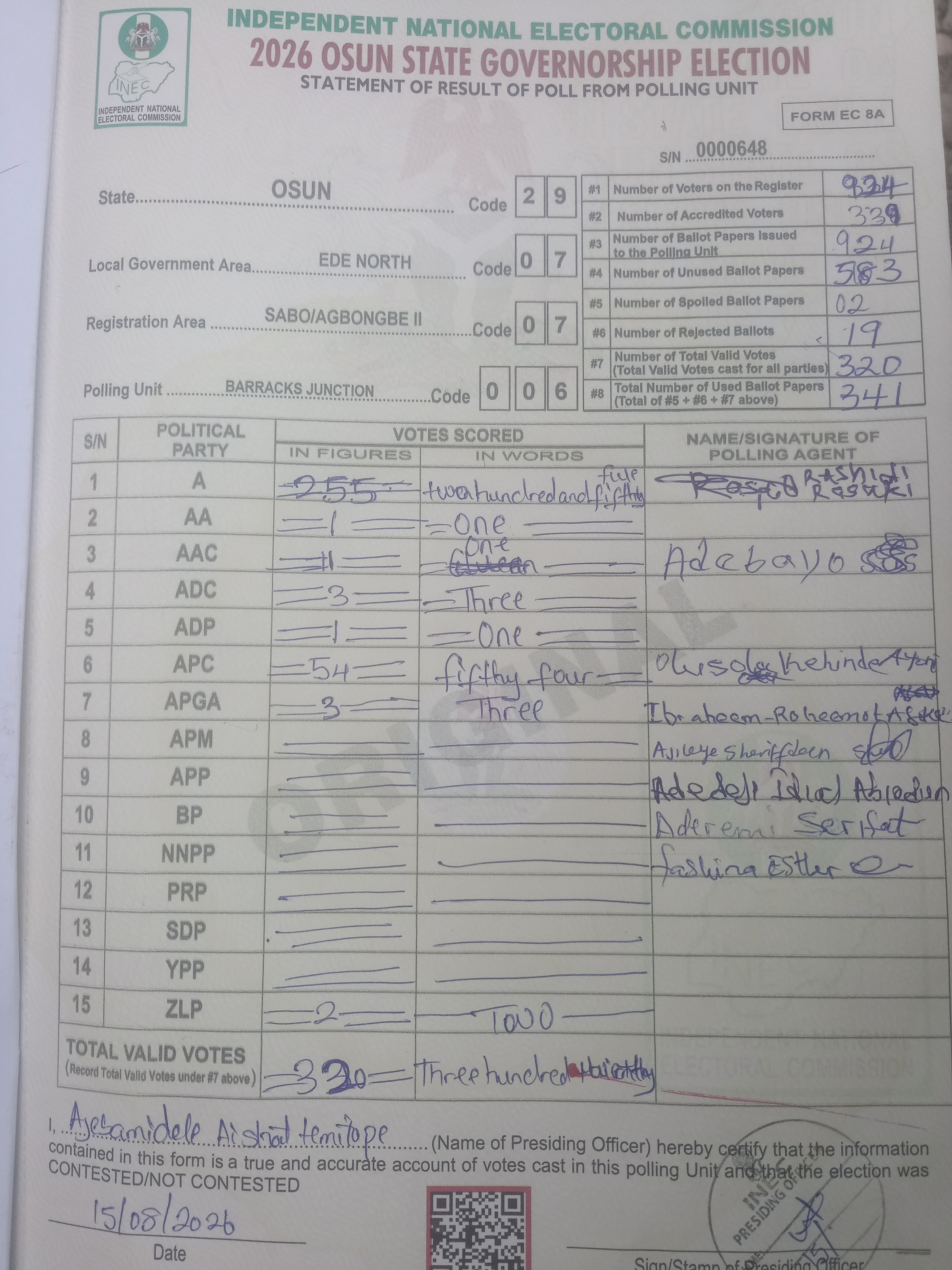 Result sheet for polling unit 29/07/07/006, Barracks Junction