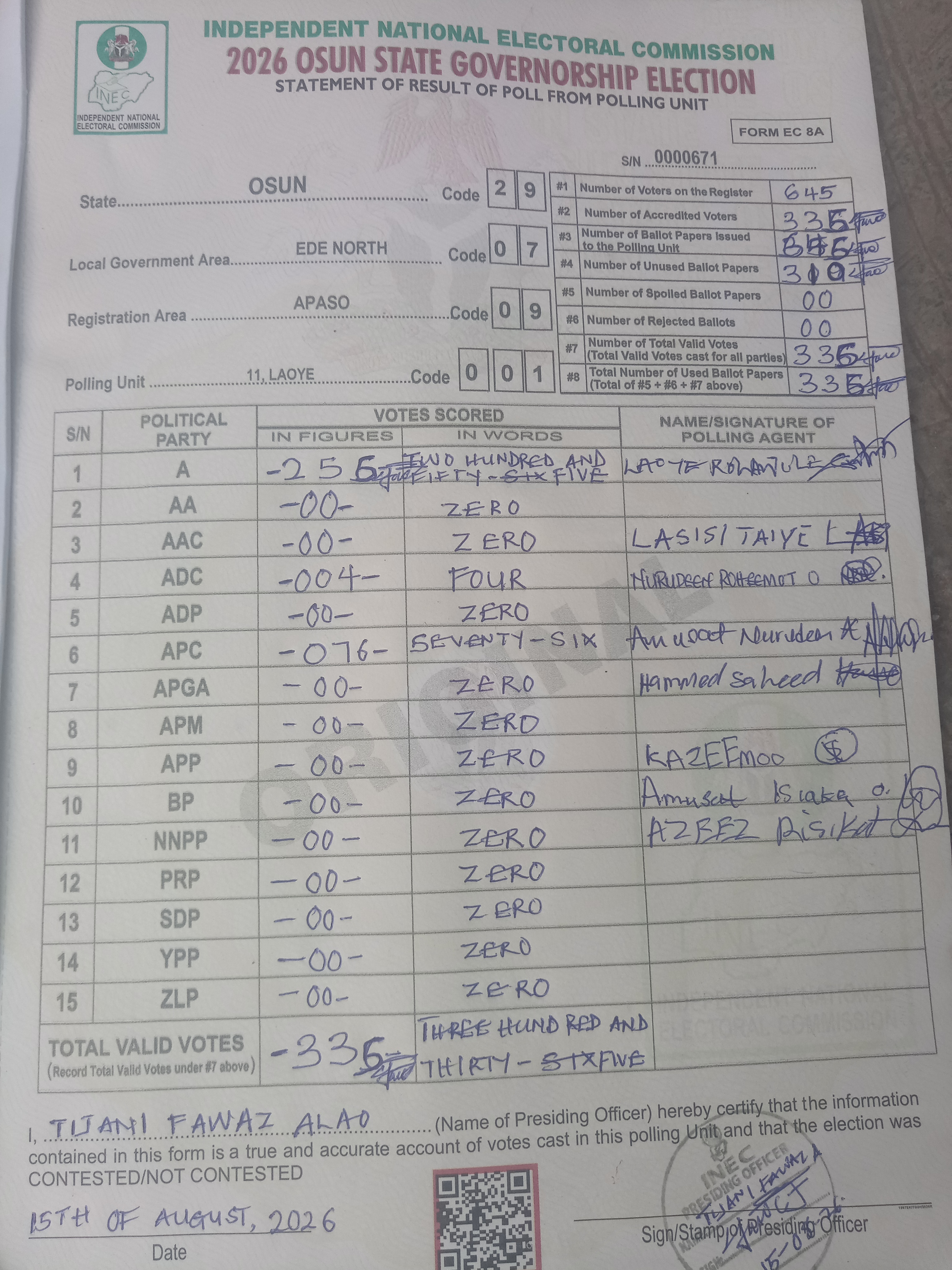 Result sheet for polling unit 29/07/09/001, 11, Laoye