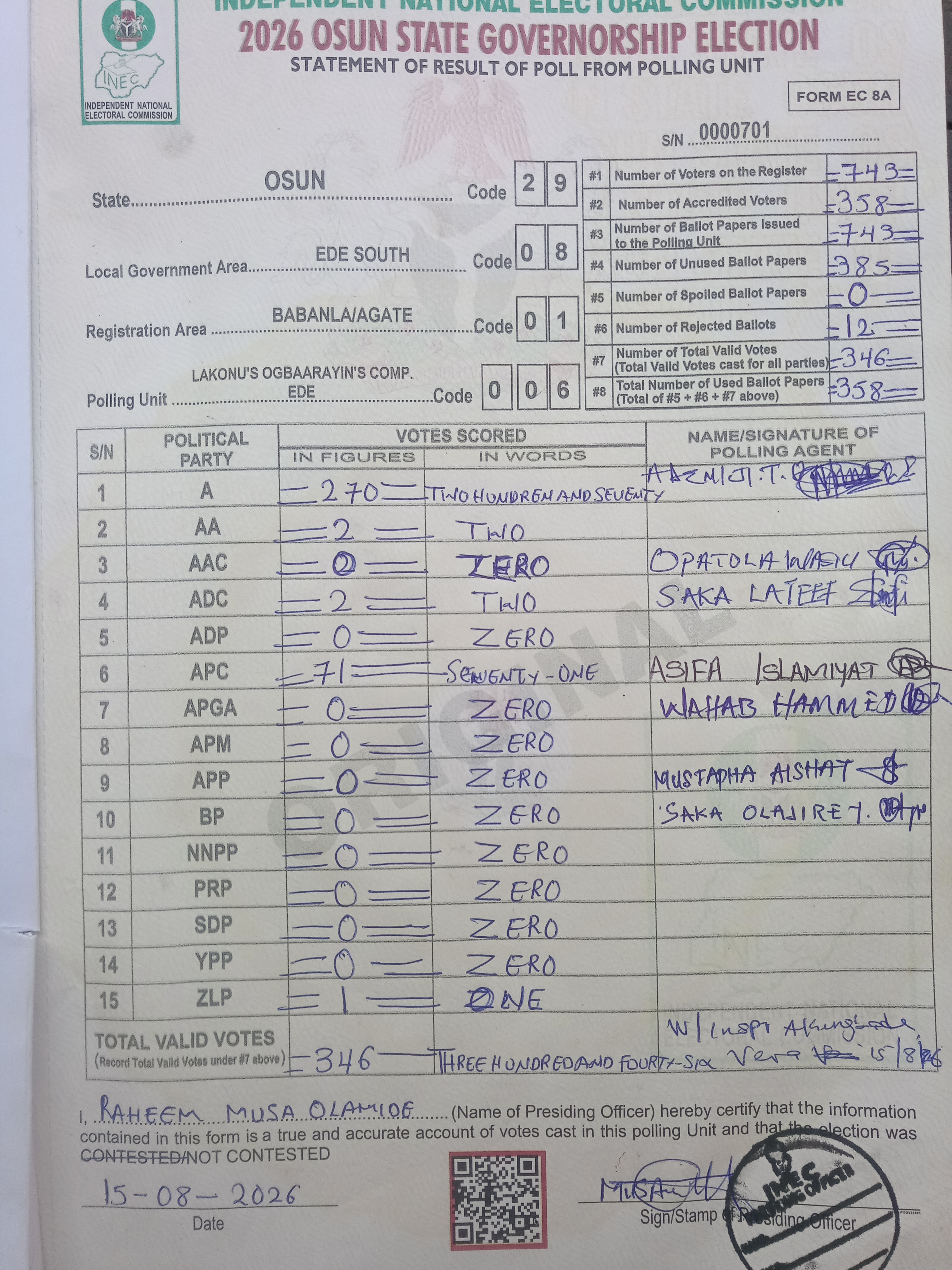 Result sheet for polling unit 29/08/01/006, Lakonu's Ogbaarayin's Comp. Ede