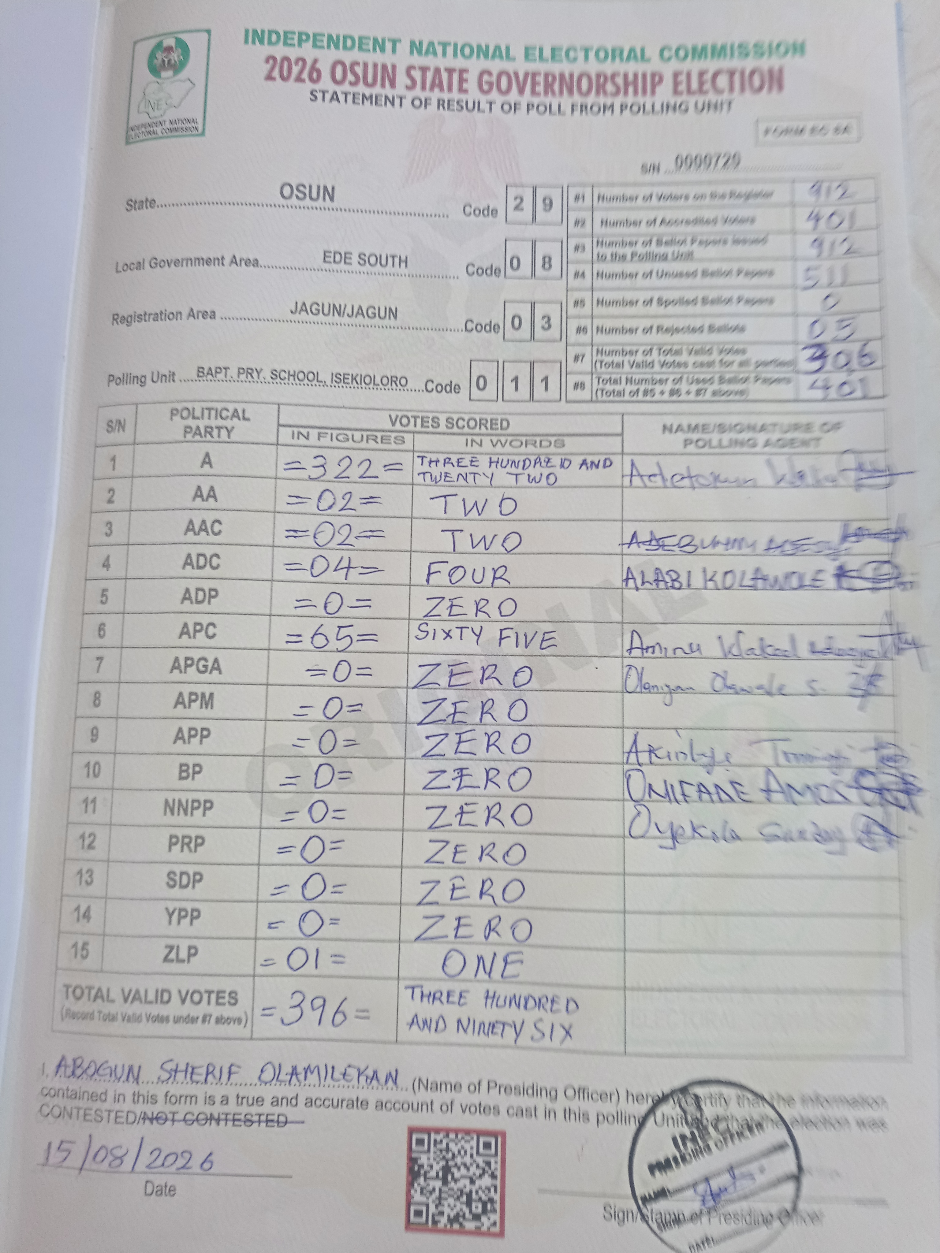 Result sheet for polling unit 29/08/03/011, Bapt. Pry. School, Isekioloro