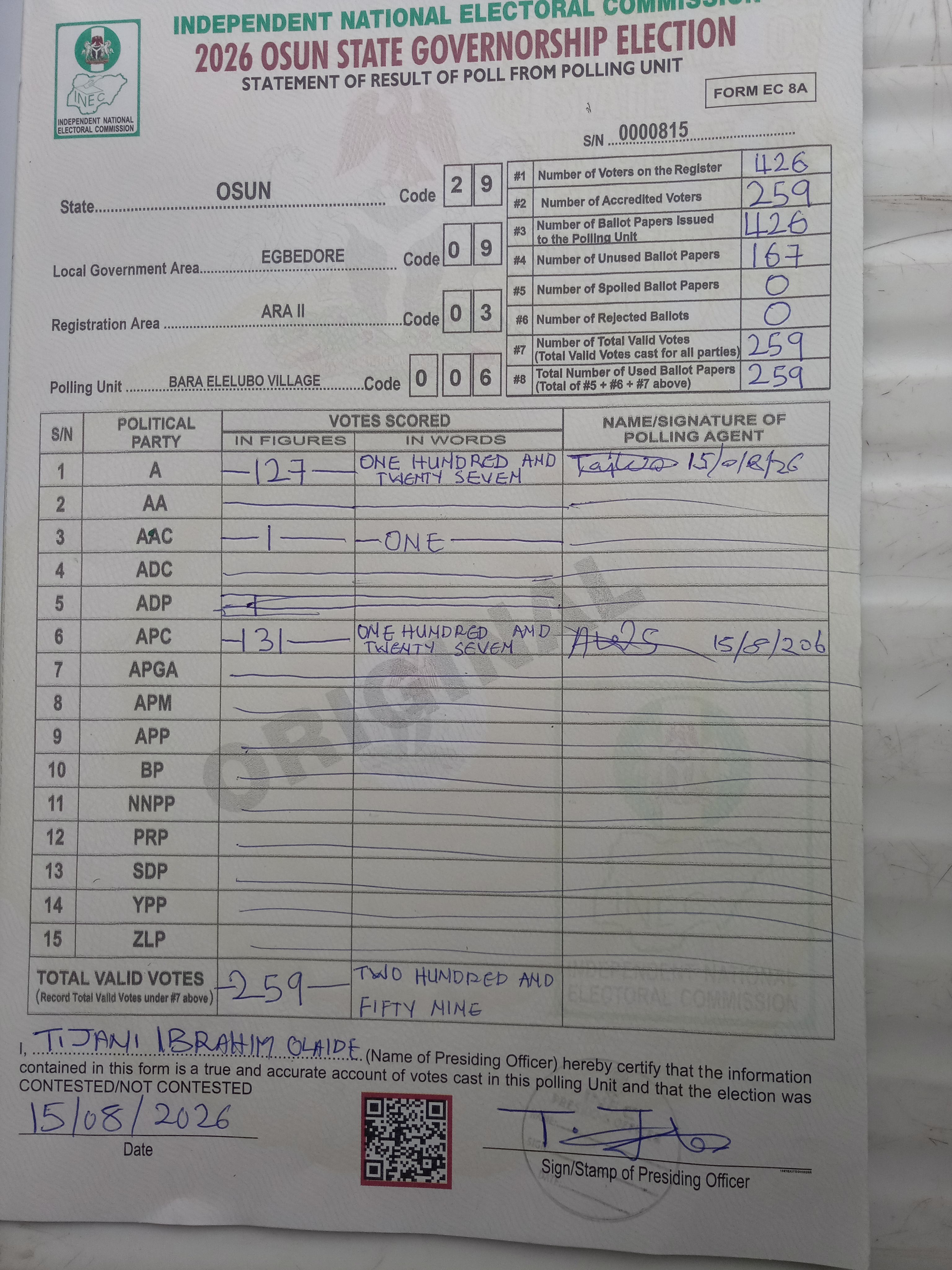 Result sheet for polling unit 29/09/03/006, Bara Elelubo Village