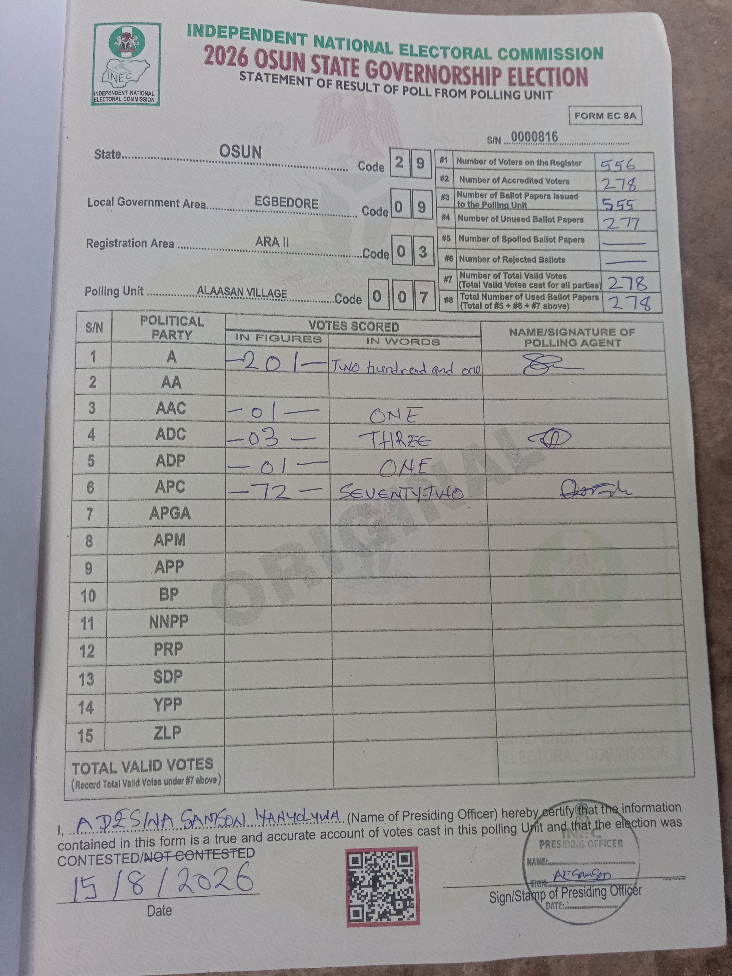 Result sheet for polling unit 29/09/03/007, Alaasan Village