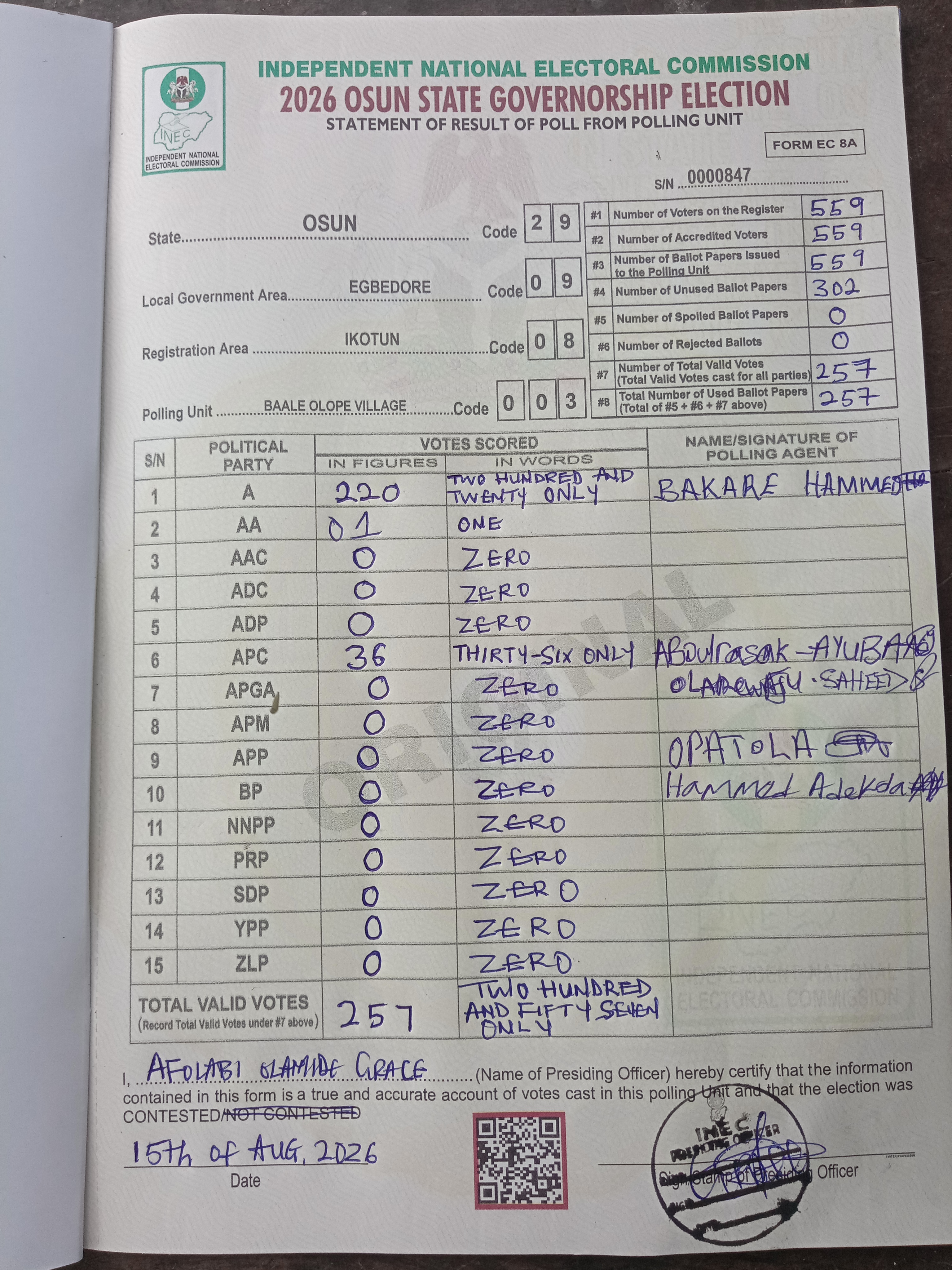 Result sheet for polling unit 29/09/08/003, Baale Olope Village
