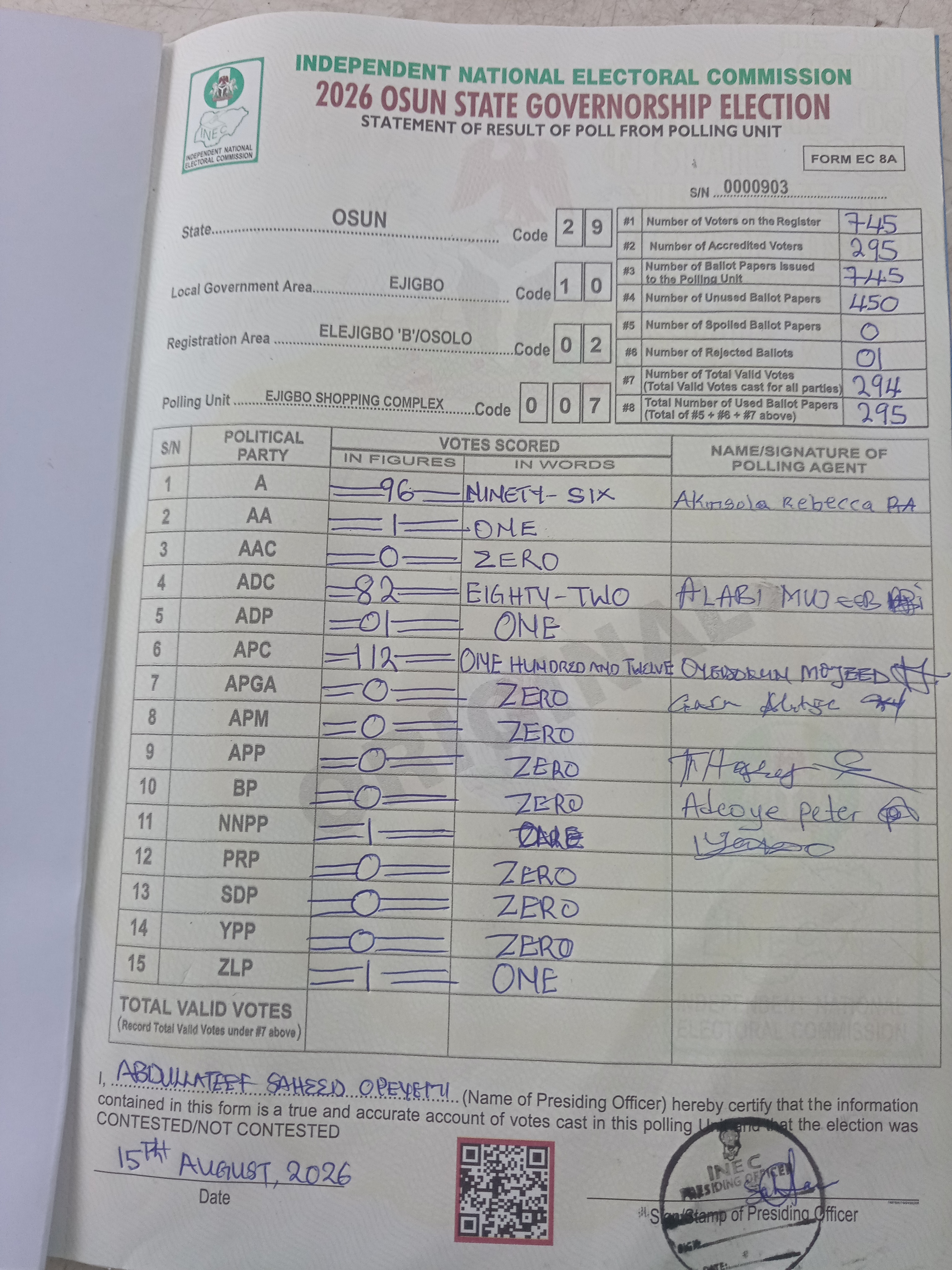 Result sheet for polling unit 29/10/02/007, Ejigbo Shopping Complex