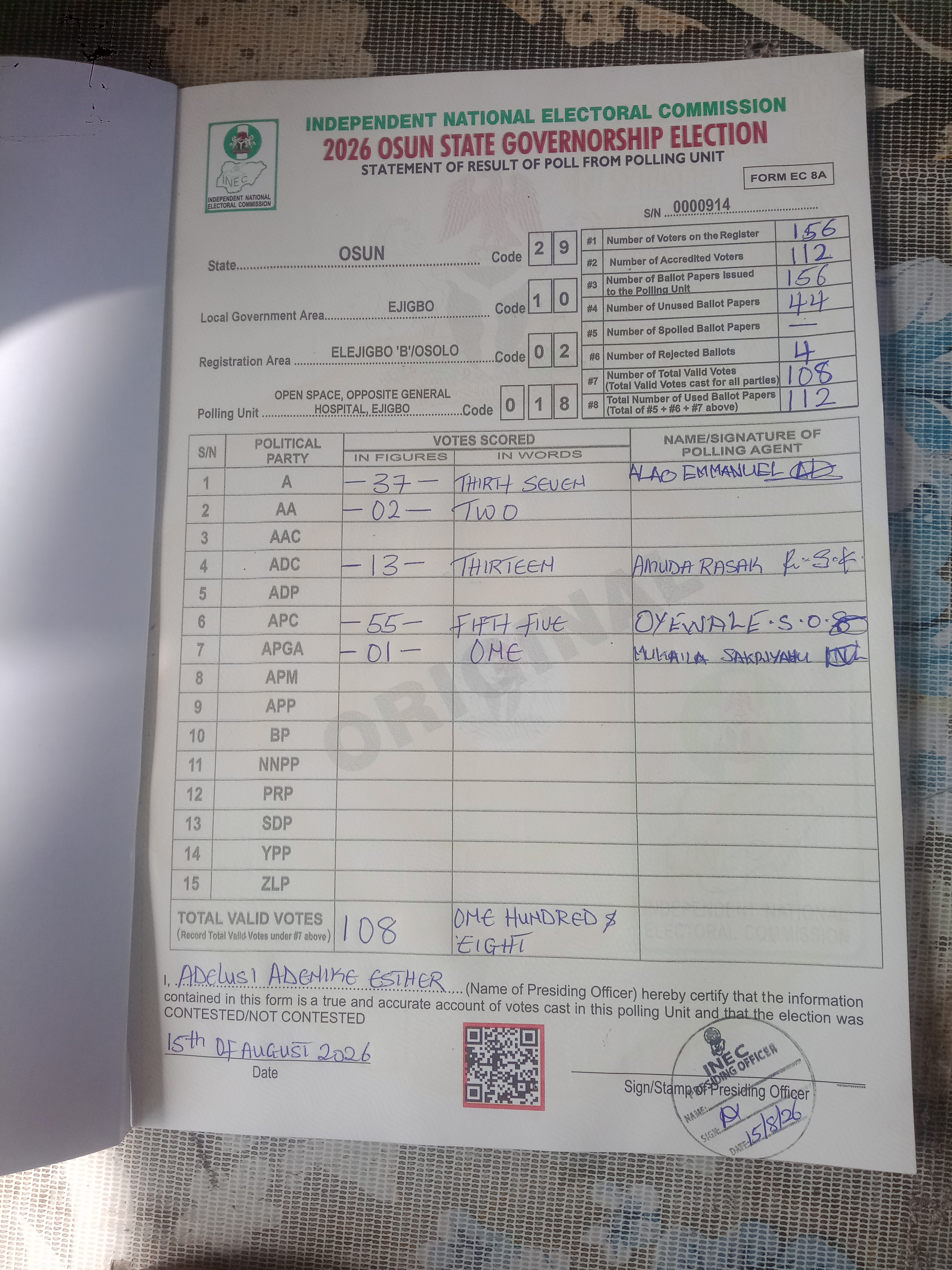 Result sheet for polling unit 29/10/02/018, Open Space, Opposite General Hospital, Ejigbo