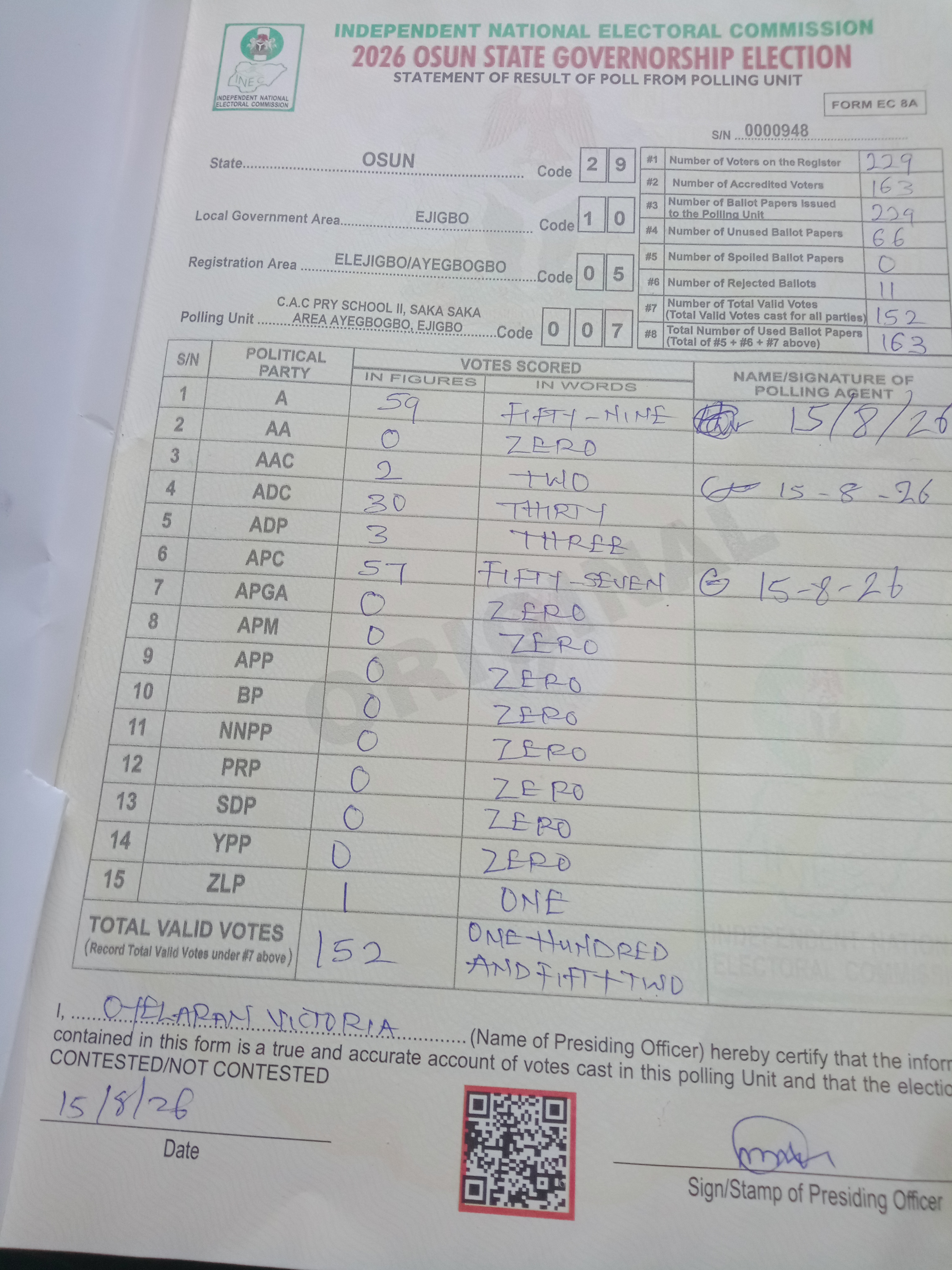 Result sheet for polling unit 29/10/05/007, C.A.C Pry School II, Saka Saka Area Ayegbogbo, Ejigbo
