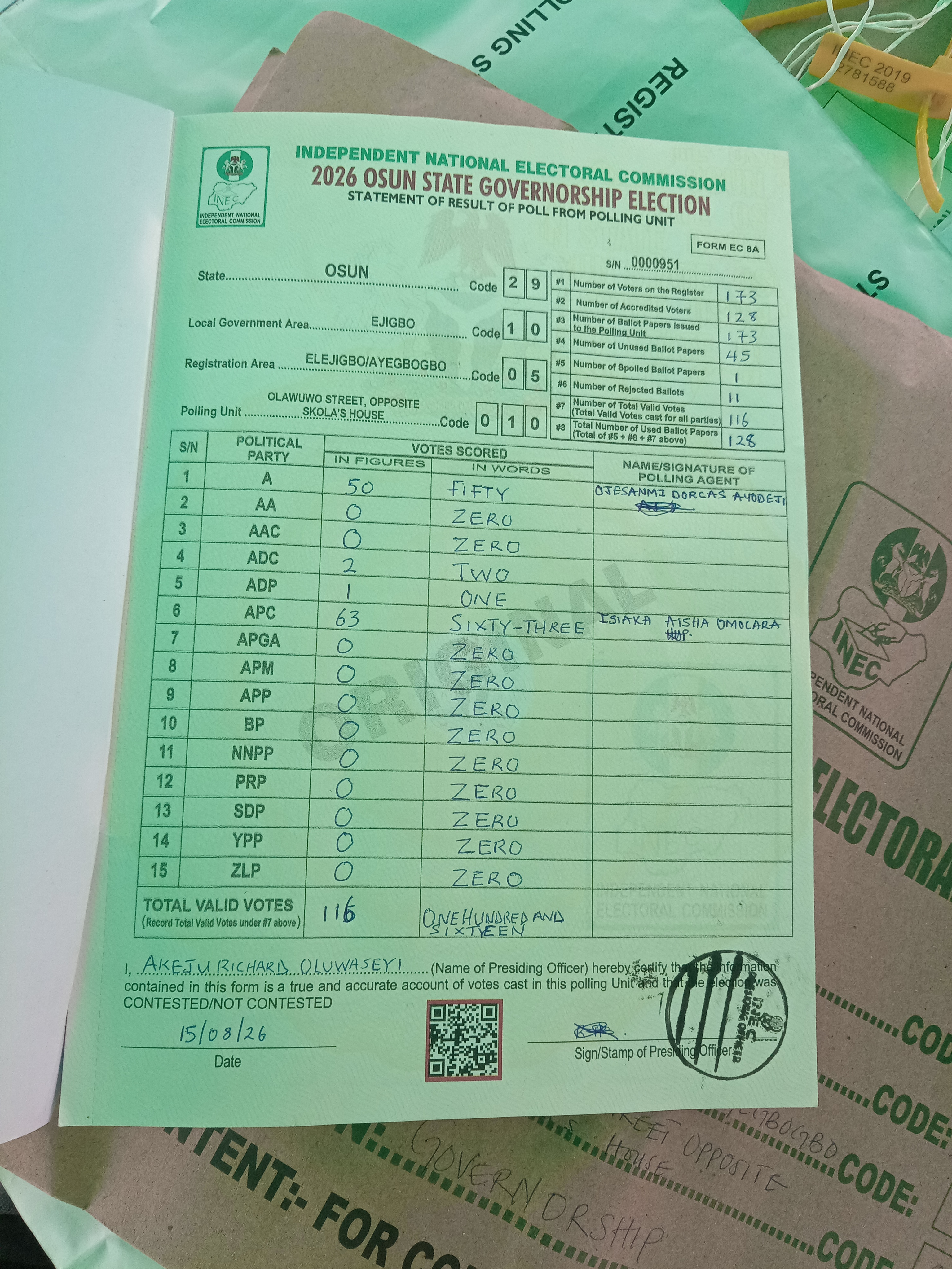 Result sheet for polling unit 29/10/05/010, Olawuwo Street, Opposite Skola's House