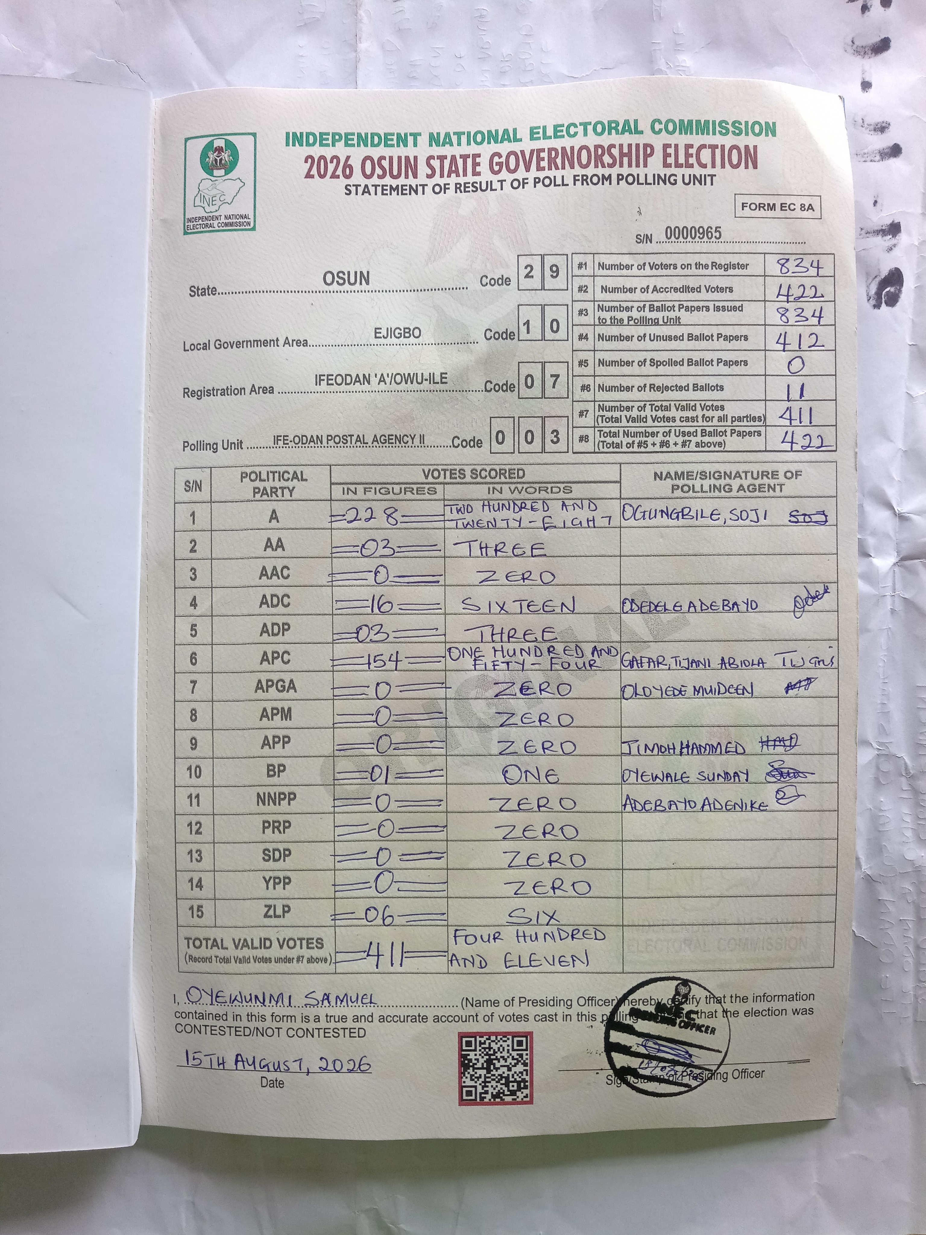 Result sheet for polling unit 29/10/07/003, Ife-Odan Postal Agency II